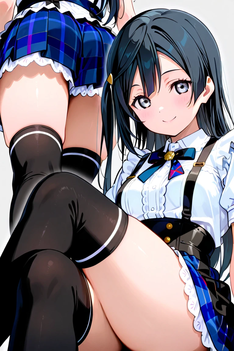 Young girl with black hair, long twintail, twintail hairstyle, (blue eyes),, ((small bushy eyebrows)), wearing gothic lolita clothing, lolicon , walking to school, flirty smile, , lifting her skirt to show her vagina wet with semen, having sex