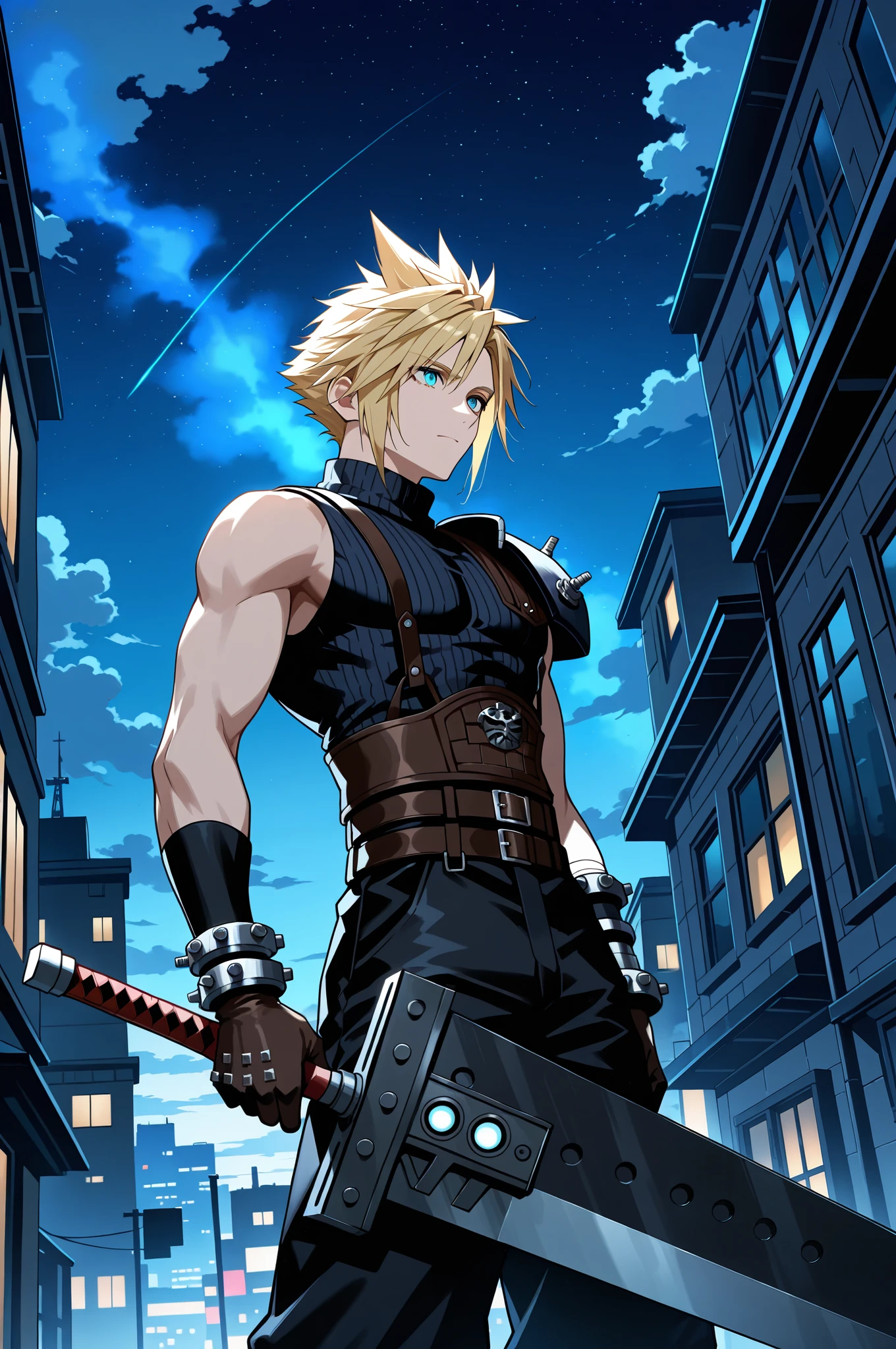 masterpiece, best quality, amazing quality, very aesthetic, high resolution, ultra-detailed, absurdres, newest, holding buster sword, 1man, Cloud Strife, final fantasy, 1man, blonde_hair, outside, night time, masterpiece, best quality, amazing quality, very aesthetic, high resolution, ultra-detailed, absurdres, newest,