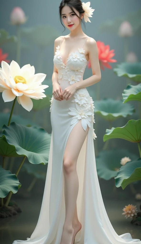 High resolution, realistic pale Chinese female with sharp features large blue eyes with sexy sweet expressions, pink lips, blonde hair with blossom accessories, big large breast exposing cleavage bending forward accentuating her butt, wearing a long several flared fantasy flowing pinkish dress, exposing oilled long legs wearing high baby pink heels, standing on blooming lotus pond, arafed woman in a pink dress posing in a pond, japanese goddess, gorgeous chinese model, beautiful goddess, cute elegant pose, beautiful maiden, elegant posed, young sensual graceful, dressed in a pink dress, blonde goddess, standing gracefully upon a lotus, stunning elegant pose, beautiful asian girl, beautiful feminine body, elegant seducing pose, opened dress, asian girl
