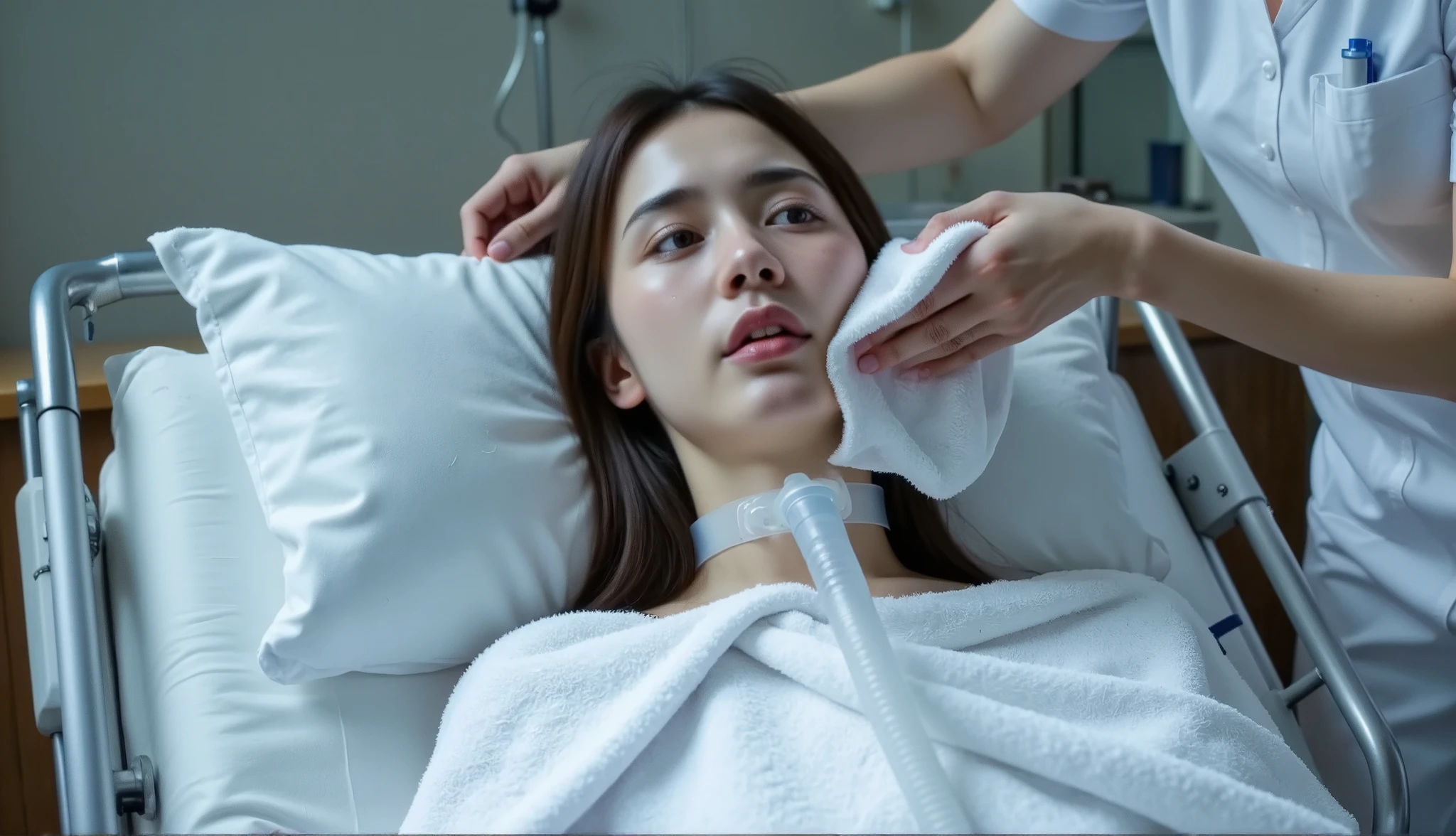 realistic image of paralyzed young woman lies with her eyes open on a hospital bed, with a ventilator around her neck to deliver oxygen, wrapped in a rough white towel, while a nurse wipes her mouth with a towel by one hand. 