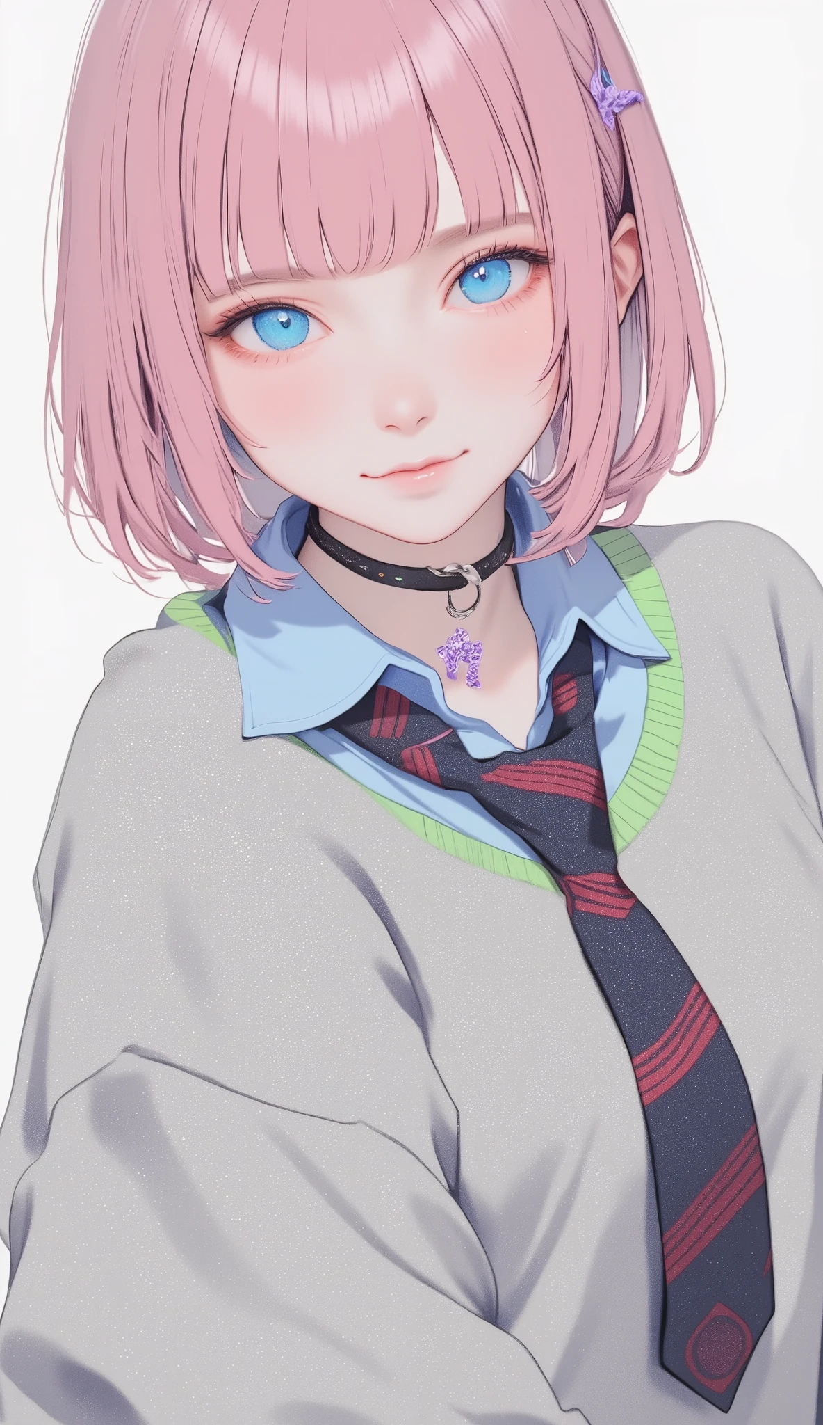 Masterpiece, (Photorealistic: 1.4), Top Quality, Beautiful Lighting, (ulzzang-6500:0.5), Makima \(Chainsaw Man\), (Bob Hair) + (Black Hair) + (Bangs), Blue Eyes, Blue Eyes, (((Ring Eyes)), (Pink Shirt), (Tie), RAW Photography, 8k UHD, Film Grain