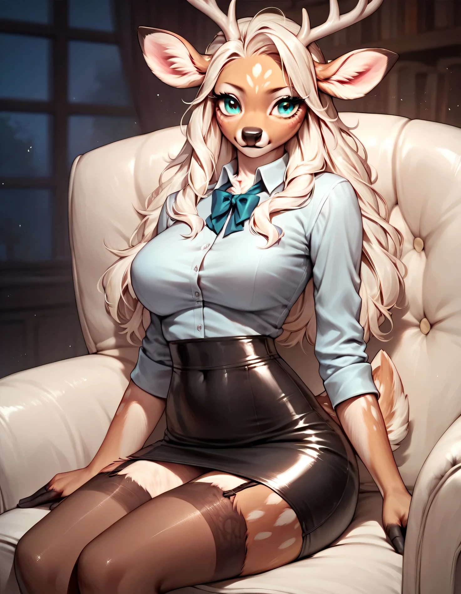 score_9, score_8_up, score_7_up, score_6_up, score_5_up, score_4_up, (solo), female anthro deer, secretary clothes, tight skirt, lusty, fluffy body, long blond hair, turquoise eyes, garter belt tights, sits on the armchair, 