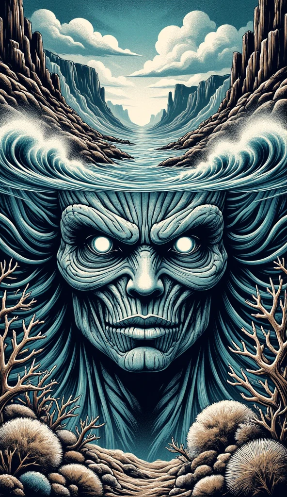 Face fitting full the canvas composed a world like a crazy dream on wastelands beyond fantasy, horror movie scene, dark deep blue and golden yellow, 4D, 8K, photorealistic, dreamlike, fantastic creatures on big and complex composition storytelling, masterpiece, artwork by Beksinski, artwork by Bernie Wrightson, artwork by Jeremy Mann, Surrealism, Impressionism