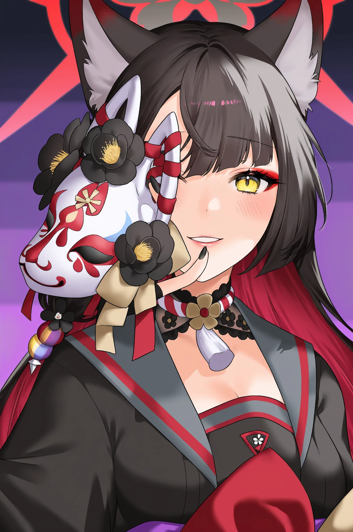 best quality, masterpiece, highres, solo, {wakamo_bluearchive:1.15}, animal_ears, long_hair, fox_ears, bangs, animal_ear_fluff, halo, yellow_eyes, black_hair, fox_girl, blush, smile, breasts, multicolored_hair, hair_ornament, flower, large_breasts, red_hair, hair_flower, bikini, swimsuit, cleavage, 1girl, japanese_clothes, kimono, long_sleeves, black_kimono, looking_at_viewer, two-tone_hair, wide_sleeves, colored_inner_hair, fingerless_gloves, gloves, obi, sash, black_gloves, fox_mask, holding, holding_mask, mask, mask_removed, simple_background, white_background