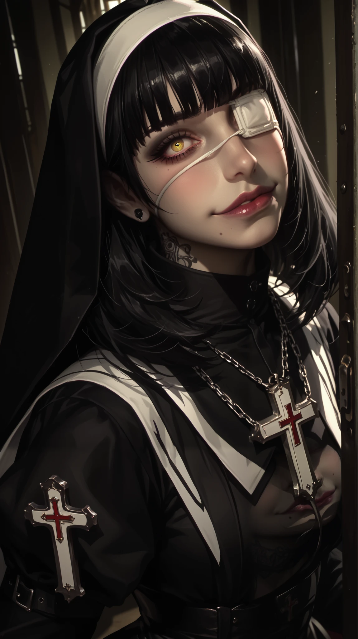 (front view,portrait),fashion photography portrait of 1girl, award winning photograph, photorealistic,beautiful detailed eyes,realistic skin,Highest Image Quality,best quality ,Ultra-high definition,whole body,mafia ,tattoo,hand on gun, wide angle front view {x}, nun wearing a nun costume,cross arning ,Thick black lips,depression,woman,black hair,red cheeks,black gothic lips,long straight hair ,Bob,hime cut,whole body,wide angle front view,high heels goth, Her Hair Is Fluttering in the Wind,point the gun ,midari ikishima, short hair, black hair, hairband, mole, eyepatch, mole under mouth, evil smile, yellow eyes,kl1mt,