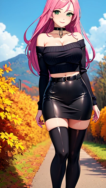 Masterpiece, raw,  beautiful art, professional artist, 8k, art style by sciamano240, very detailed face, very detailed hair, 1 woman, perfectly drawn body, beautiful face, long hair, pink hair , very detailed green eyes , rosey cheeks, intricate details in eyes, playful smile, looking directly at viewer , in love with viewer expression, black chocker, lipstick, wearing cute fall clothes, dark blue ribbed crop sweater, short black pencil skirt, thigh boots, full body view, standing, one foot on park bench, sunny day fall setting, focus on feet, cleavage exposed