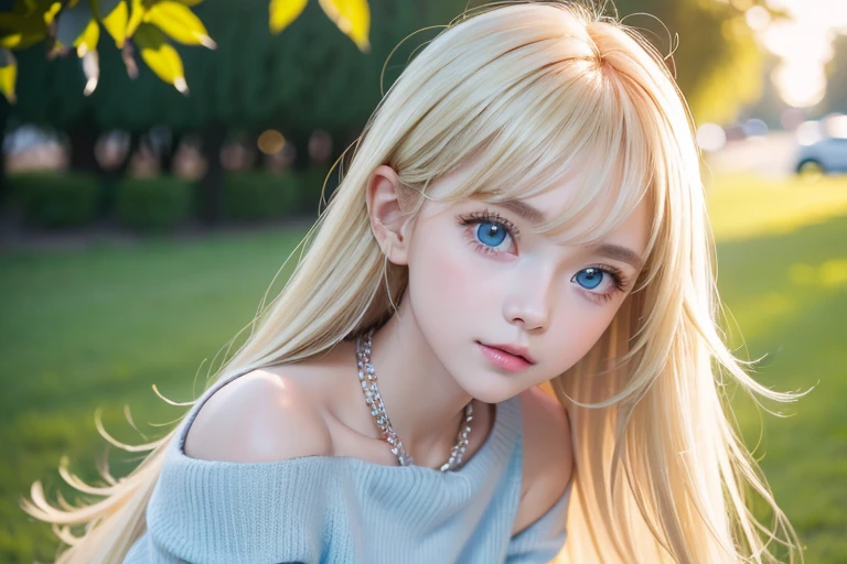 1 girl , Age 19, Solo, SUPER LONG BABY BLONDE SILKY HAIR , huge boobs, LOOKING AT THE VIEWER , BABY BLONDE HAIR , Bare shoulders, VERY BRIGHT EMERALD WHITE ICE BABY BLUE BIG EYES、 EXTREMELY WHITE BRIGHT IRIS 、 jewelry, Full body, necklace, off shoulder, Sweater, Realism, Sexy 8k 、The ultimate beautiful girl、Small Face Beauty、VERY BEAUTIFUL ROUND FACE 、 long hair, bangs, Blonde, 目の間のbangs, とても long hair, hair that flutters in the wind, Straight Hair, Hair in the eyes, Too much hair, CHEEK GLOSS HIGHLIGHT、CATFACE