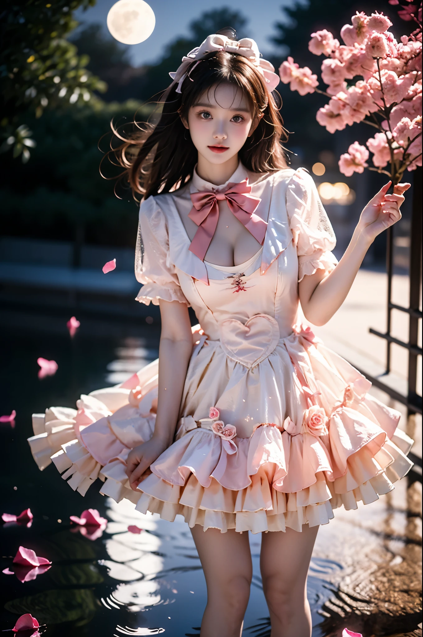 cyb dress, dress, pink dress, layered dress, frilled dress, short sleeves, ribbon, bowtie, frills, bow, dress bow, heart symbol ,,(photorealistic:1.2), beautiful asian woman, (Full bust, visible cleavage, very short hemline), (Beautiful romantic style), fashion model, long slender legs, standing in reflective pool, knee-deep water, elegant dance pose, lifting dress to thigh level, moonlit night scene, scattered rose petals in water, floating rose petals in air, soft moonlight illumination, volumetric lighting, cinematic lighting, high detail skin texture, wet fabric effect, shallow depth of field, soft bokeh, 8k uhd, masterpiece quality