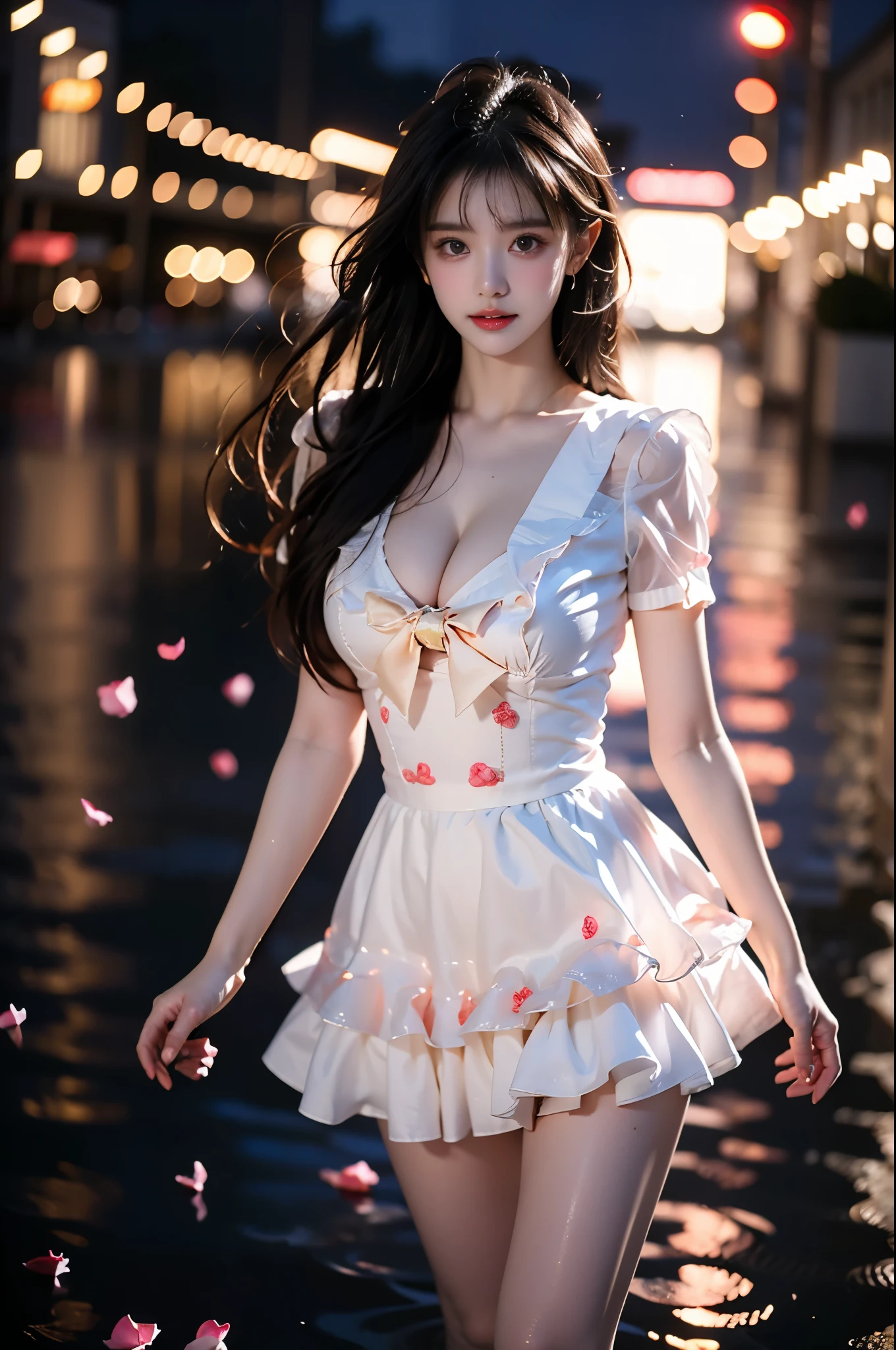 cyb dress, puffy short sleeves, bow ,,(photorealistic:1.2), beautiful asian woman, (Full bust, visible cleavage, very short hemline), (Beautiful romantic style), fashion model, long slender legs, standing in reflective pool, knee-deep water, elegant dance pose, lifting dress to thigh level, moonlit night scene, scattered rose petals in water, floating rose petals in air, soft moonlight illumination, volumetric lighting, cinematic lighting, high detail skin texture, wet fabric effect, shallow depth of field, soft bokeh, 8k uhd, masterpiece quality