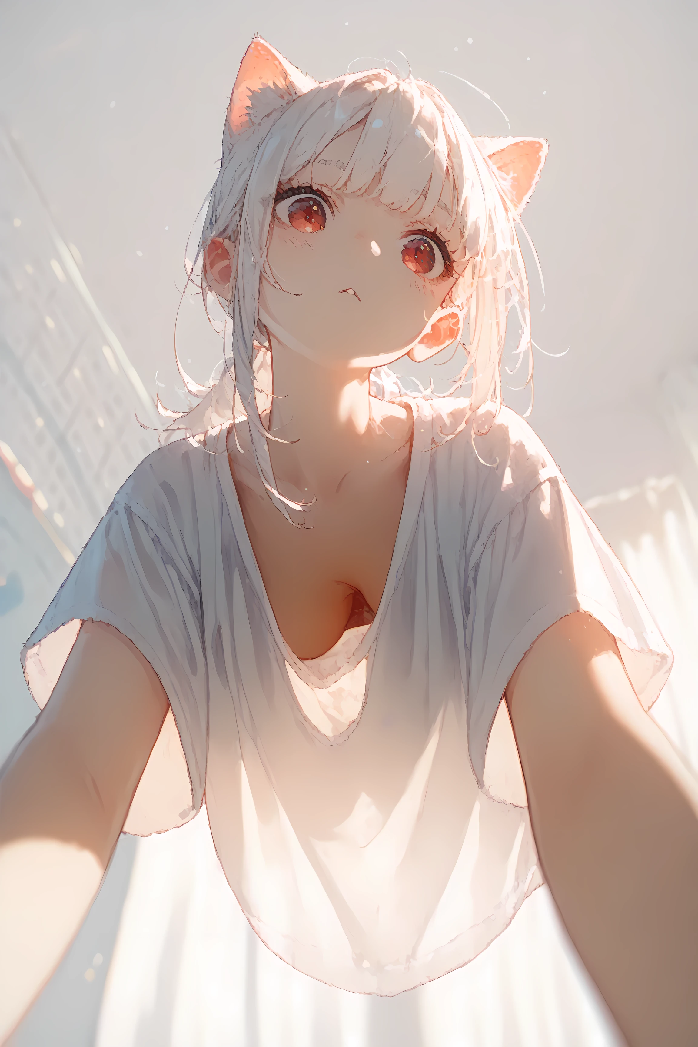 1 girl, slits in front, Down Blouse , loose t-shirt ,Cat ears, White Ponytail, Red eyes, Medium breast, with pillow bind thigh, Open legs,
Pleated skirt, (From below:1.5), (Closeup:1.2)