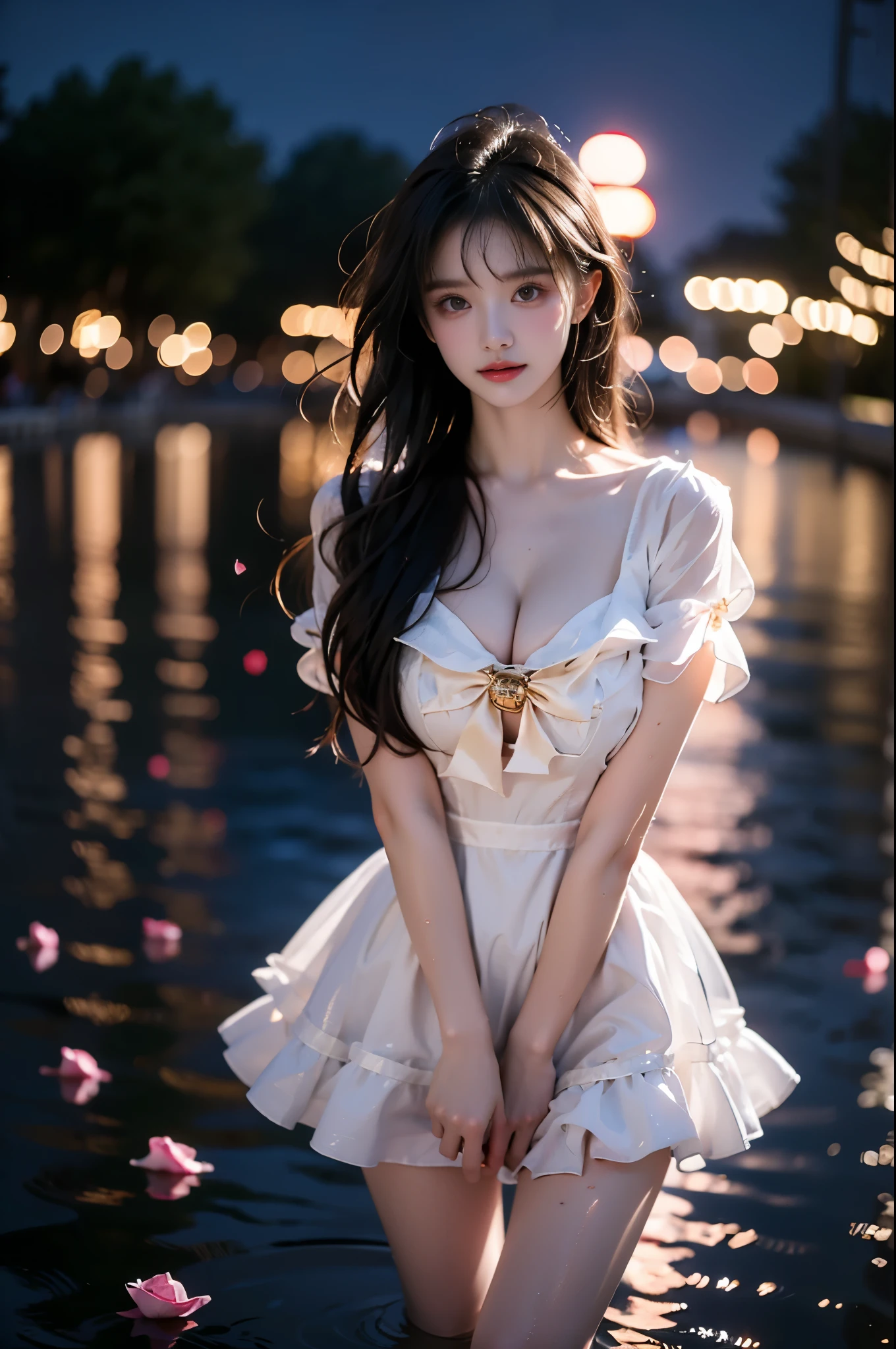 cyb dress, puffy short sleeves, bow ,,(photorealistic:1.2), beautiful asian woman, (Full bust, visible cleavage, very short hemline), (Beautiful romantic style), fashion model, long slender legs, standing in reflective pool, knee-deep water, elegant dance pose, lifting dress to thigh level, moonlit night scene, scattered rose petals in water, floating rose petals in air, soft moonlight illumination, volumetric lighting, cinematic lighting, high detail skin texture, wet fabric effect, shallow depth of field, soft bokeh, 8k uhd, masterpiece quality