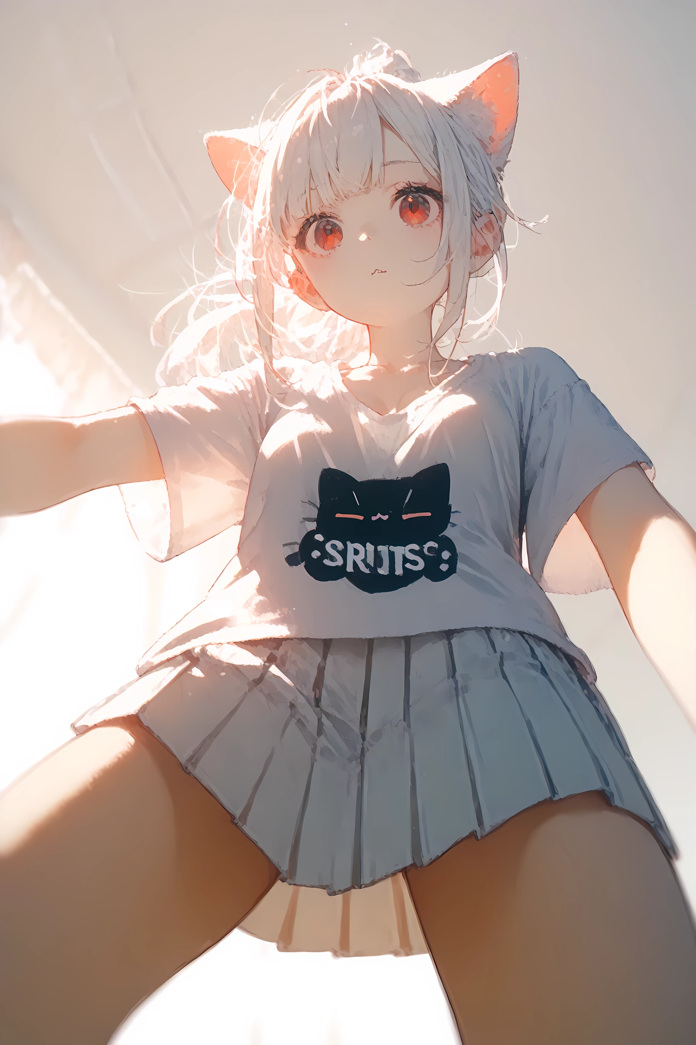 1 girl, slits in front, Down Blouse , loose t-shirt ,Cat ears, White Ponytail, Red eyes, Medium breast, with pillow bind thigh, Open legs,
Pleated skirt, (From below:1.5), (Closeup:1.2)