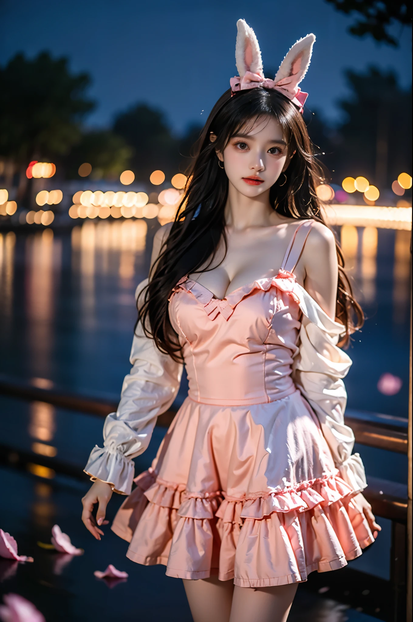 cyb dress, frilled dress, layered dress, long sleeves, rabbit ears, hair bow ,,(photorealistic:1.2), beautiful asian woman, (Full bust, visible cleavage, very short hemline), (Beautiful romantic style), fashion model, long slender legs, standing in reflective pool, knee-deep water, elegant dance pose, lifting dress to thigh level, moonlit night scene, scattered rose petals in water, floating rose petals in air, soft moonlight illumination, volumetric lighting, cinematic lighting, high detail skin texture, wet fabric effect, shallow depth of field, soft bokeh, 8k uhd, masterpiece quality