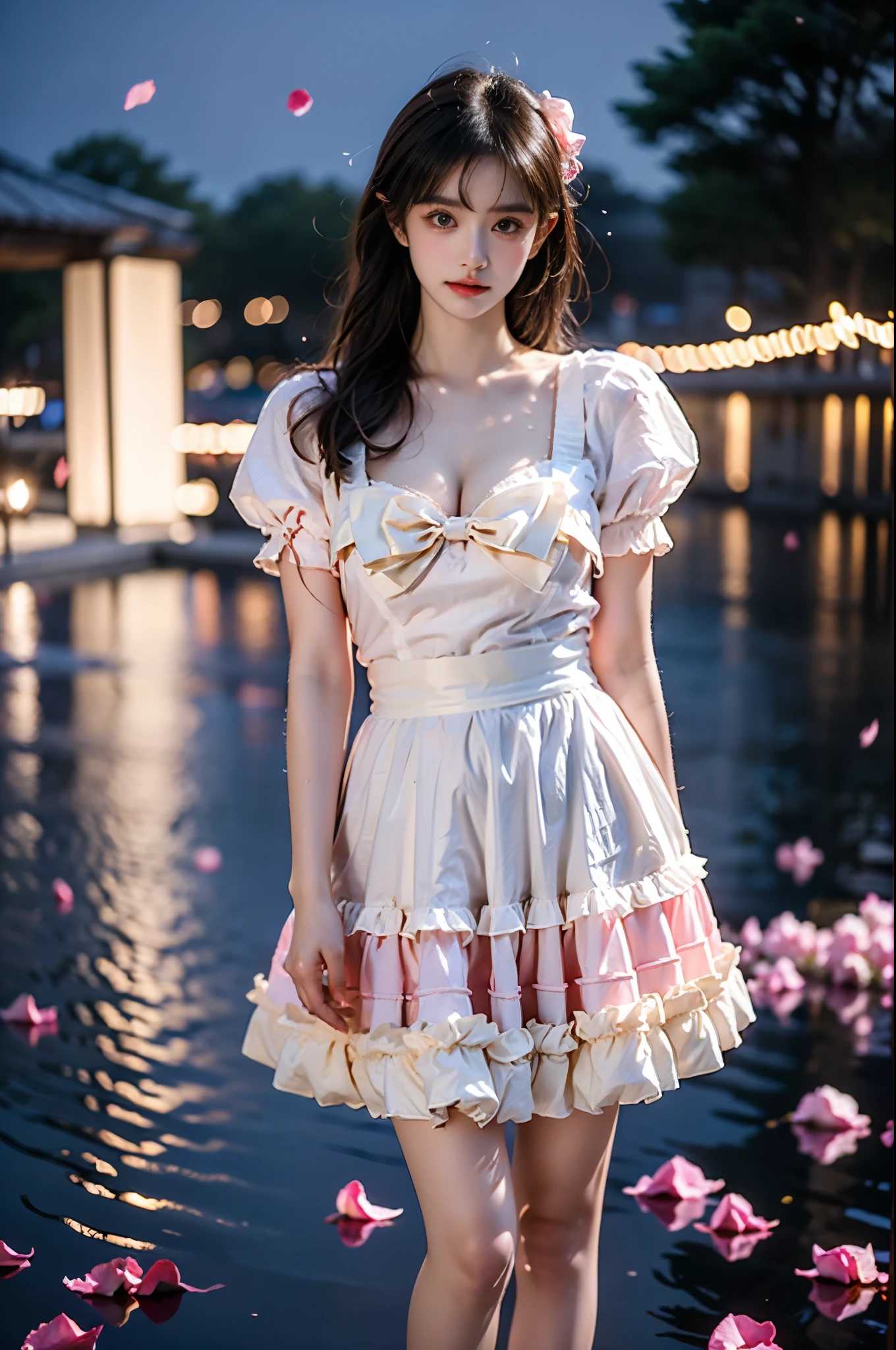cyb dress, bow, apron, frills, puffy short sleeves, ,,(photorealistic:1.2), beautiful asian woman, (Full bust, visible cleavage, very short hemline), (Beautiful romantic style), fashion model, long slender legs, standing in reflective pool, knee-deep water, elegant dance pose, lifting dress to thigh level, moonlit night scene, scattered rose petals in water, floating rose petals in air, soft moonlight illumination, volumetric lighting, cinematic lighting, high detail skin texture, wet fabric effect, shallow depth of field, soft bokeh, 8k uhd, masterpiece quality