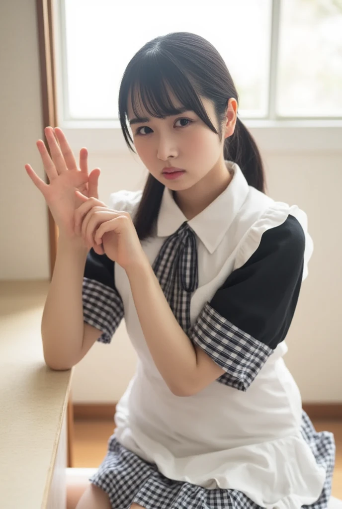 Japanese girl at 18 years old、Wearing a black and white maid outfit、、big skirt、Upper part of the body、ruffled headband、high-detail、High image quality、Shot from a high position、Kamimei、looking at the camera、(high saturation:1.2), (low contrast:1.1), (high saturation:1.0), (very detailed skin), (bestquality:1.0), (ultra highres:1.0) ,(photorealistic portrait:1.0), (ultra-detail:1.0), (10, RAW photo:1.1), (Skirt Lift:1.0)