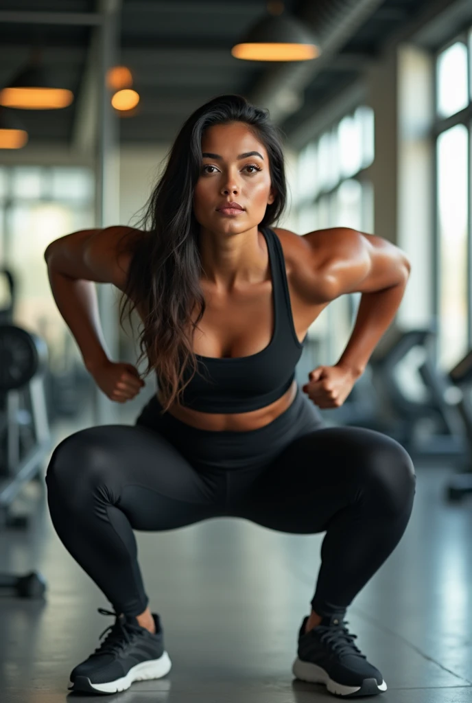 brunette and voluptuous girl, of Spanish descent, in gym, in discreet clothing doing a squat , 4K, highly realistic