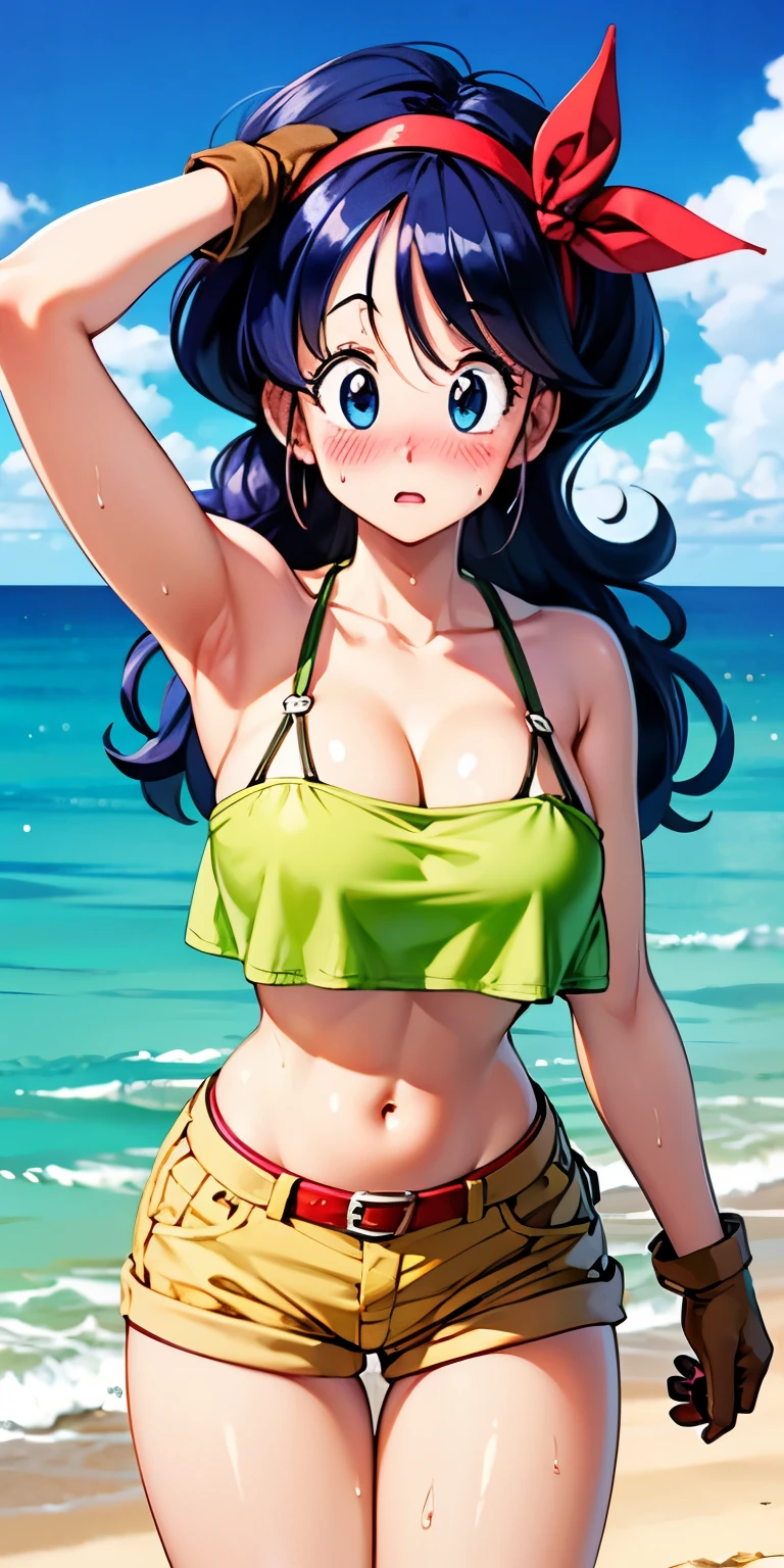 1 Female,High definition,high resolution,Ultra-realistic,8K,Launch (blue Hair), angry,1girl, solo, blue hair, gloves, shorts, crop top, midriff, long hair, red hairband, yellow shorts,standing, solo, large_breasts, standing, black bikini,micro bikini,masterpiece, best quality, detailed face, detailed eyes, highres,European,sexy,Photographed from the front,Dynamic Angles,blush, (huge tits),(cleavage),cute face, facial, sweat, perfect face, perfect body,(wide thighs:1.5),cute face,(upper body),(arms behind head),beach ,sand, ocean ,(huge tits)