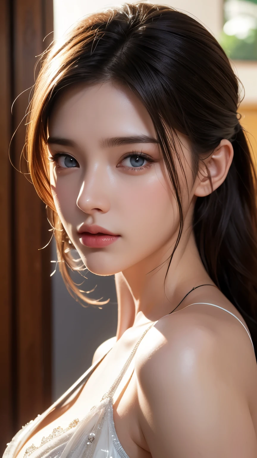 A close up of a woman with long hair wearing a white dress - SeaArt AI