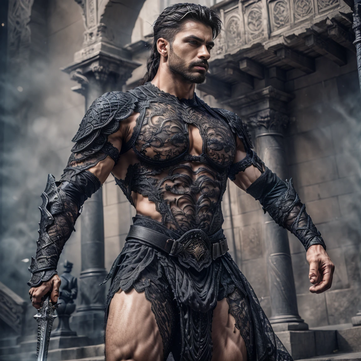 realistic, masterpiece, intricate details, detailed background, depth of field, muscular, photo of a handsome (scottish man), l4tex4rmor, wearing latex barbarian armor, shiny latex, fighting stance, dynamic pose, holding weapon, harness, outdoors,