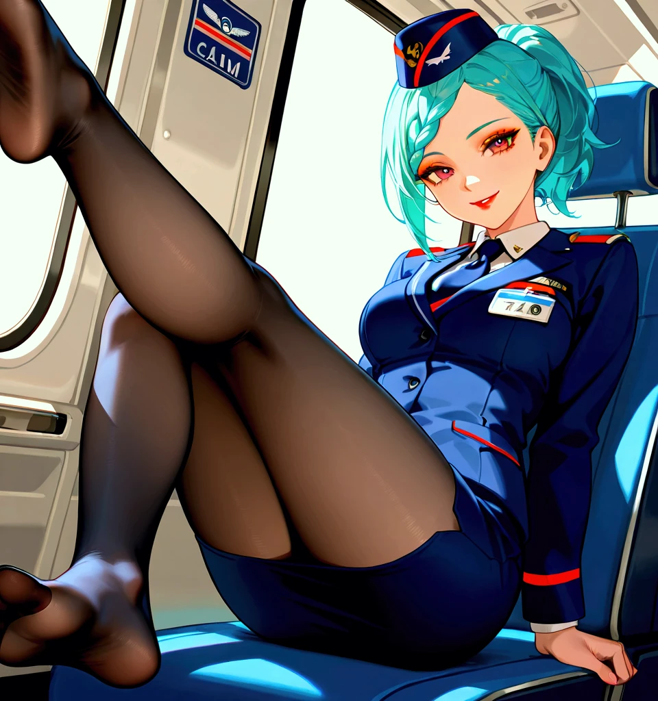 masterpiece, large breasts, high quality, NSFW, from below:2, full-face blush, breasts out, 1 girl is wearing black panty through black pantyhose and a flight attendant uniform tops open left and right and expose tits , black mini skirt, high heels,(look at viewer), she is sitting on seat with her legs spread on an airplane, expose tits , aqua hair color, single low bun hair, embarrassed face, best smile, seductive pose:2, dropping eyeblow:2 ,single low bun hair:2,
BREAK,nipples, breasts out:2, a flight attendant uniform tops open left and right and expose tits:2, open chest,black mini skirt,forehead,black panty through black pantyhose:2, BREAK , flight attendant stripe scarf on neck:2,