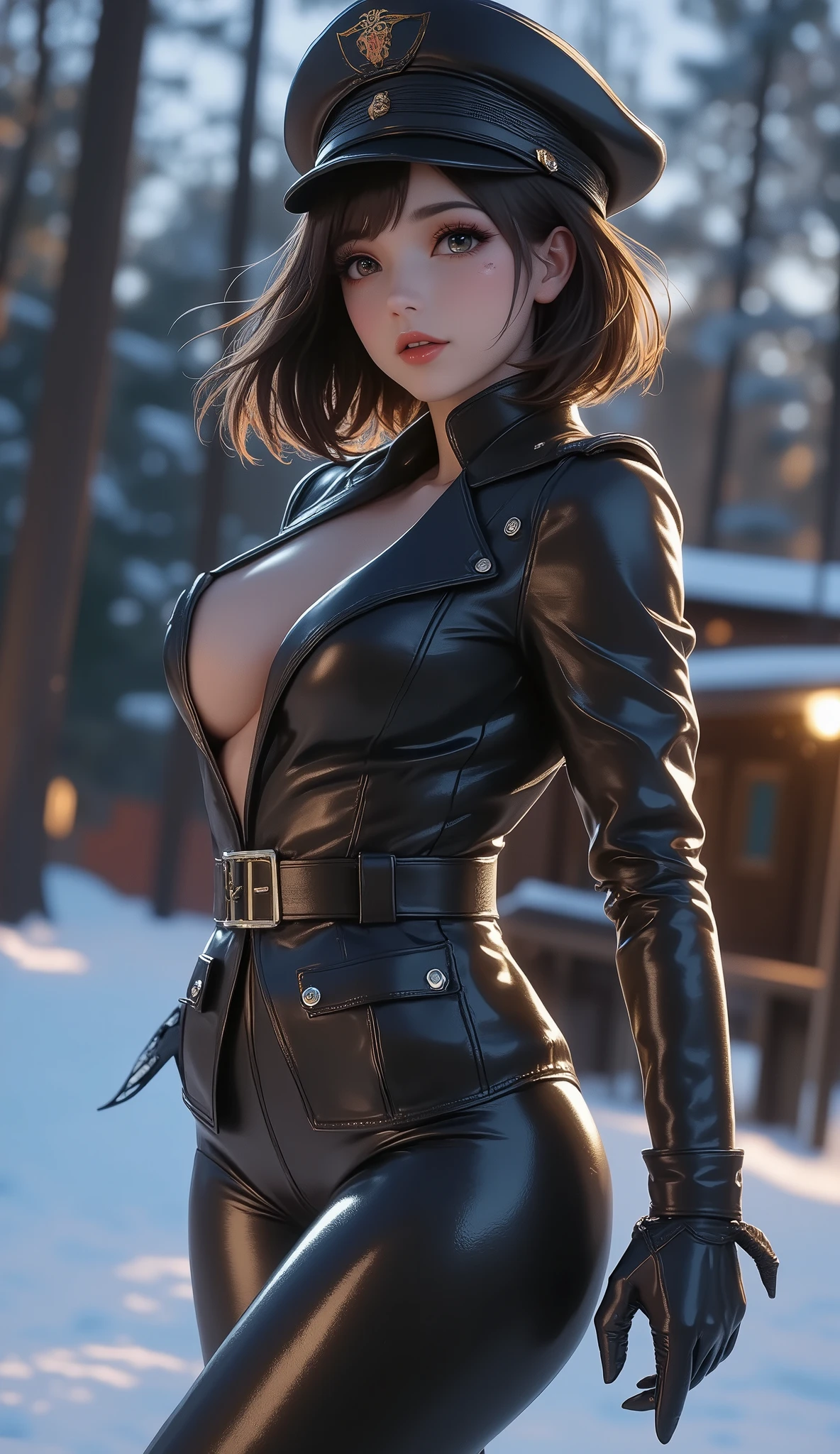 beautiful ((similar)) Lilith Building posing in ( dynamic pose) As a dieselpunk army officer in World War II, dekolte wears a black leather uniform and a leather military cap, See photo , a sexy girl, slim body, (( big breasts, deep cleavage )), sexy long legs, (((full body shot))), 最 High Quality , High Quality , ( Detailed face and eye pictures), dusk lighting ,, strong makeup , Industrial, outdoor snowy forest background (( close))