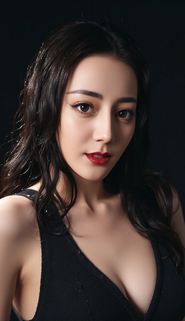Ultra-high resolution, masterpiece, highest quality, Perfect Glowing Skin, Perfect lighting, Detailed lighting, Japanese middle-aged women、, Black sweater, View your viewers, Off the shoulder, Big Breasts, Exposed cleavage, blue eyes, Browsing Caution, ((Dark Background)), Sexy Face,  The expression when receiving pleasure, Open the mouse,