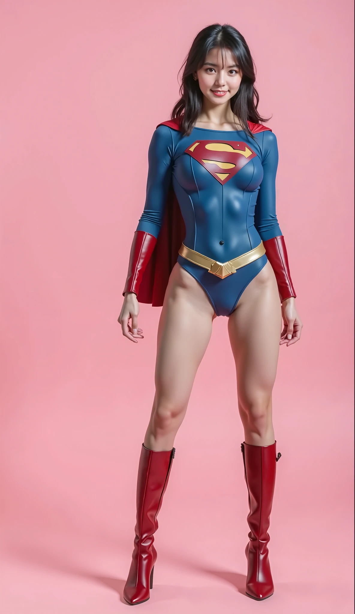 No background、(((Beautiful legs in black tights.)))、(((Legally express the beauty of your smile)))、((((Make the most of your original images)))、(((Supergirl Costume)))、(((Beautiful boyish hairstyle)))、(((suffering)))、(((Please wear black tights....、Wear red boots)))、((Best image quality、8k))、((highest quality、8k、masterpiece:1.3))、(((Preserve background )))、Sharp focus:1.2、Beautiful woman with perfect figure:1.4、Slim Abs:1.2、Wet body:1.5、Highly detailed face and skin texture、8k