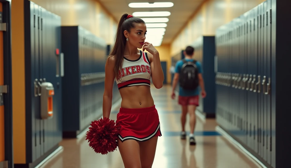 psychedelic oil painting of supermodel young woman cheerleader, thai with dark, straight hair, brown eyes, light brown skin, petite, wearing Retro-inspired cheerleader attire in pastel pink and blue, with a cropped sweater, pleated skirt, ankle socks, saddle shoes, pom poms, cheerleading gloves, angry at the viewer, her arms are crossed, .set in Stadium Locker Room, Large, echoing room with rows of metal lockers, wooden benches for players to sit on, a whiteboard covered in game strategies, athletic equipment strewn across the floor, and the distant sound of cheers from the field , at sunset. .Masterpiece,best quality, psychedelic, oil painting style,