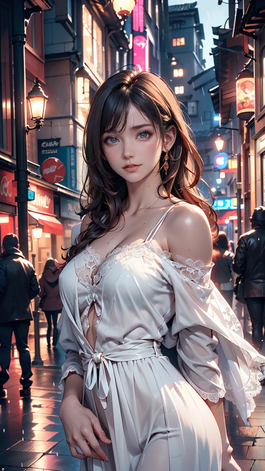 One girl, 18-year-old, Mix 4, (8K, RAW Photos, Highest quality, masterpiece:1.2), (Realistic, photoRealistic:1.37), cute, night, rain, Humidity, Professional Lighting, Photon Mapping, Radio City, Physically Based Rendering, Super Resolution, (Big Breasts:1.2)