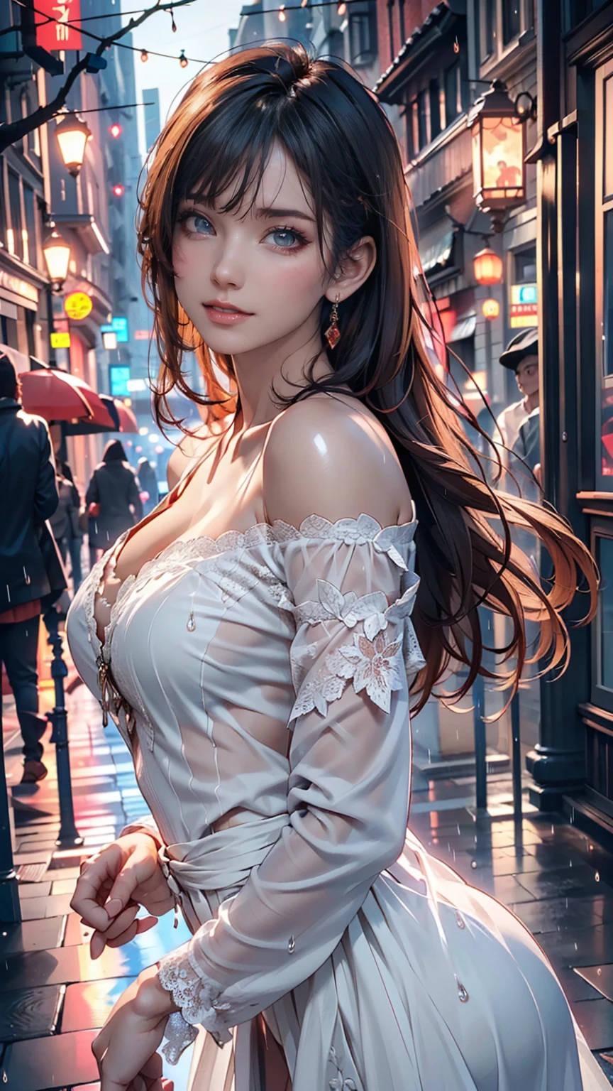 ((Highest quality, 8k, lace maxi dress, Standing in the rain, Red Light District, Highly detailed face and skin texture, Detailed eyes, double eyelid.)