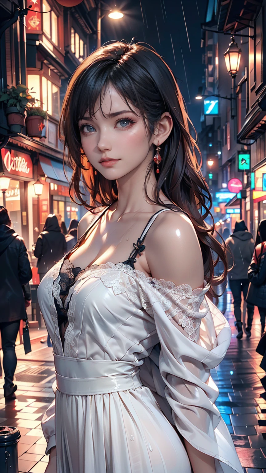 (Backlight,belly button:1.1,Black Hair),Beautiful woman in uniform in the bustling city of Gintama, Surrounded by sellers, Beautiful portrait of a stunning goddess girl, Beautifully detailed face, Porcelain-like skin, Half Body Shot, Centered,((moonlight,night,Big neon,Strong neon lighting,Rim Light,Two-tone lighting))),