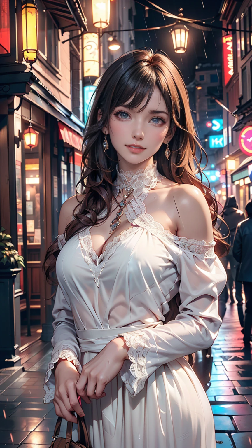 24 year old Caucasian female、Sheer high-neck halter neck with lace trim((high neck halter neck))Summer dress、Accessories on your wrist、Double vertical roll with ribbon decoration((twin drills))、Hair that hides one eye((hair over one eye))、Sexy、Sexy proportions、Narrow waist、Thin limbs、slender、Toned body、Champs-Élysées((Champs-Élysées))background、Stiletto heels、Handbag shoulder bag、smile
