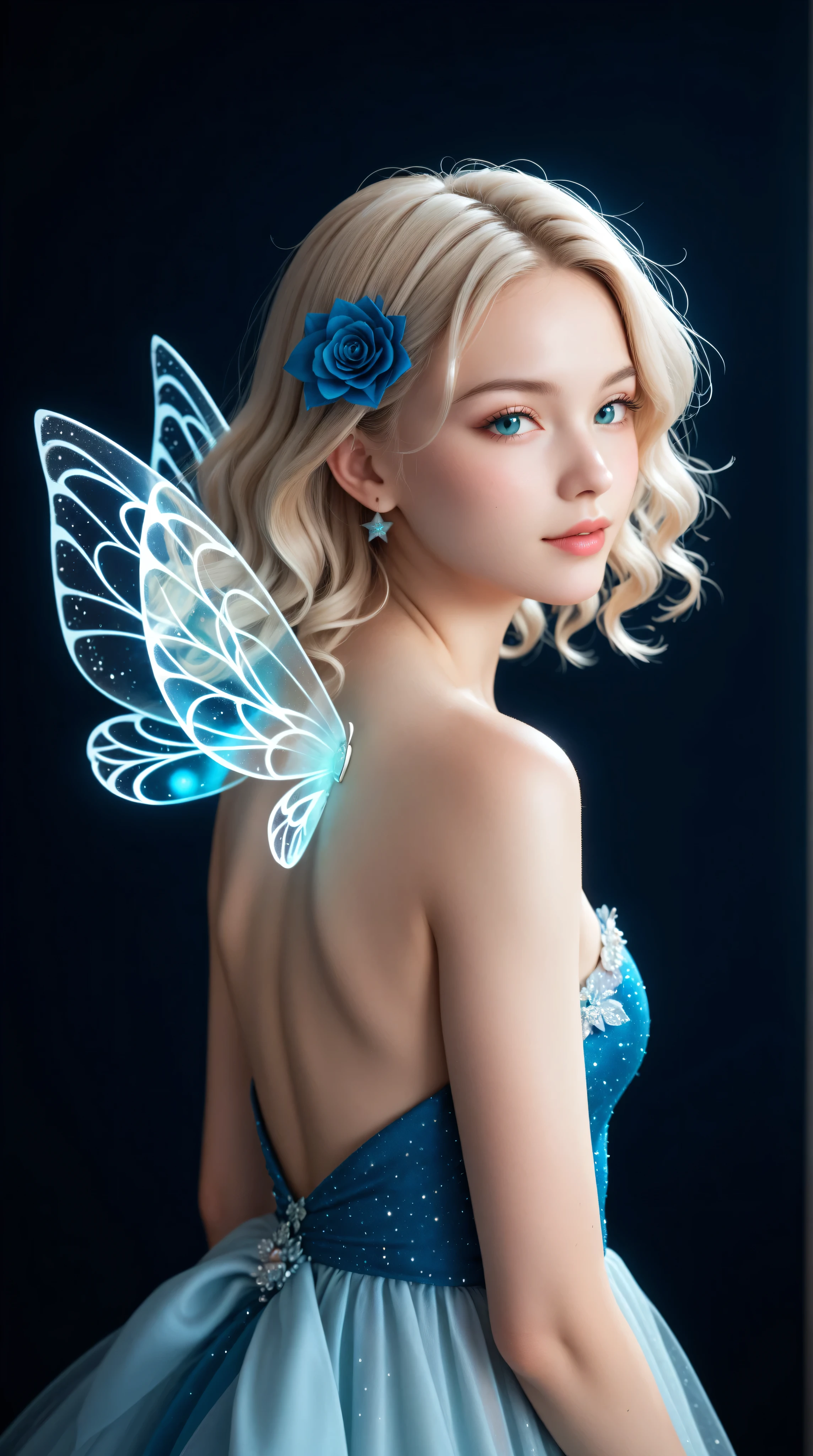 A young, light-skinned japanese back wavy hair female fairy, positioned slightly off-center to the left of the image, is depicted. She is of adolescent age, with long, flowing, light gray-white hair. The fairy has delicate facial features, a gentle expression, and a slim build. She is wearing a , light-blue, flowing gown with intricate lace-like patterns and embellishments, seemingly made of shimmering fabric. She has large, transparent, light-blue fairy wings extending from her back, creating an ethereal quality. She is holding a small, light-blue flower. Her pose is one of quiet contemplation, gently looking downward. The background is a dark-blue night sky, dotted with stars and swirling, ethereal light effects, creating a sense of magic and wonder. The composition is artistic, with a soft focus on the fairy and gradually increasing blur on the background. The lighting emanates from within the image, casting soft glows on the fairy's dress and wings, creating a dreamy, enchanting atmosphere. The overall style is anime/fantasy illustration. The colors are primarily soft, pastel shades of light blue, white, and gray, with hints of dark blue and black, providing a magical and enchanting tone to the illustration. long shot , 175cm , 65kg