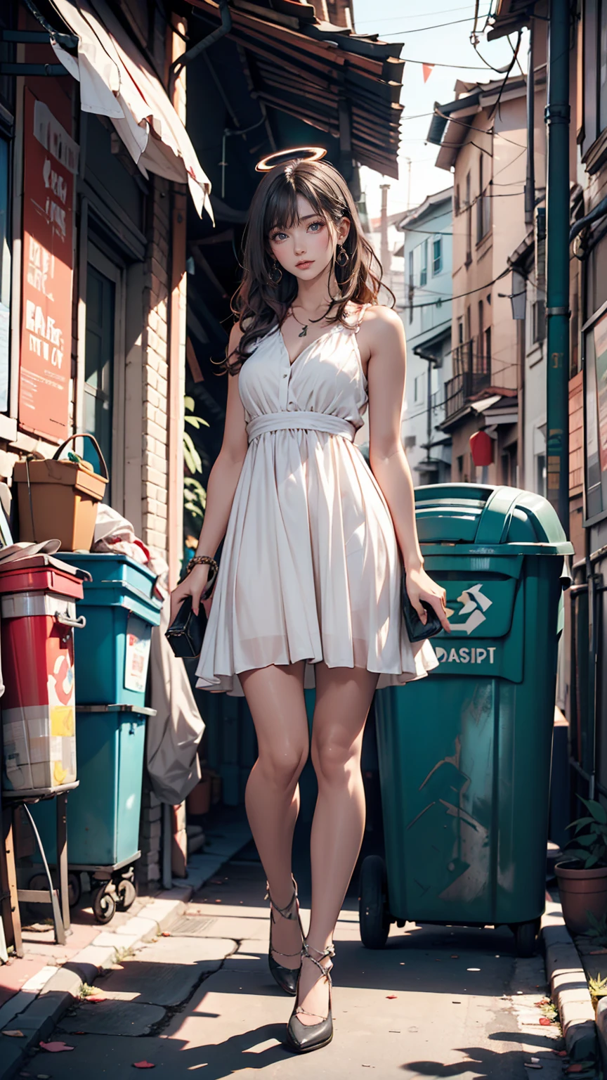 ((masterpiece, Highest quality)),girl, alone, dress, Are standing, Hello, alley, Outdoor, bangs, white オフショルダーdress, Gray Hair, Long Hair, Black footwear, Industrial Pipes, View your viewers, Air conditioning,Dim lighting, garbage, garbage bin, hxh2011 sexyなプロポーション、Sexy、Narrow waist