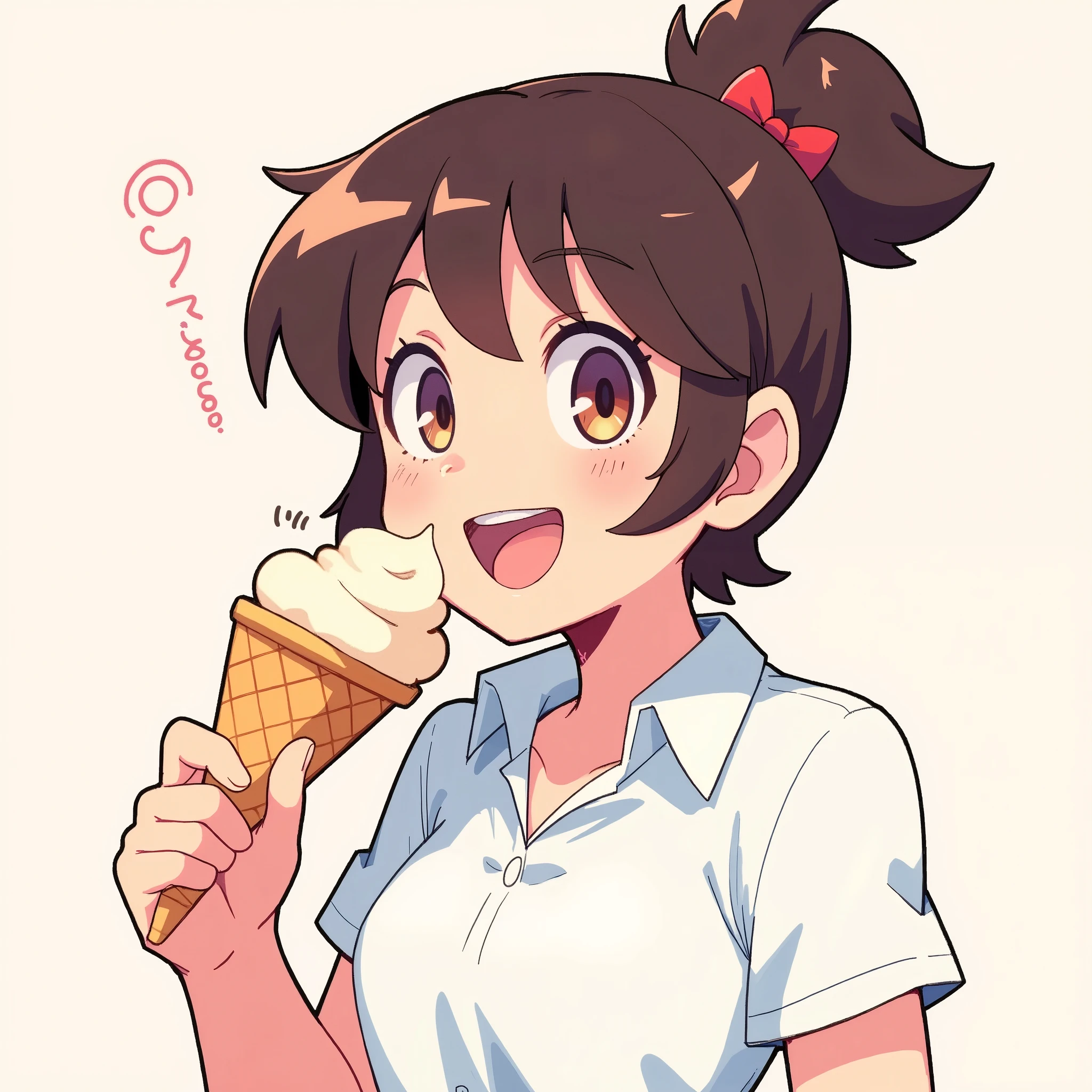 Girl eating ice cream、illustration、Anime Design、 clear lines 、Thick Line、