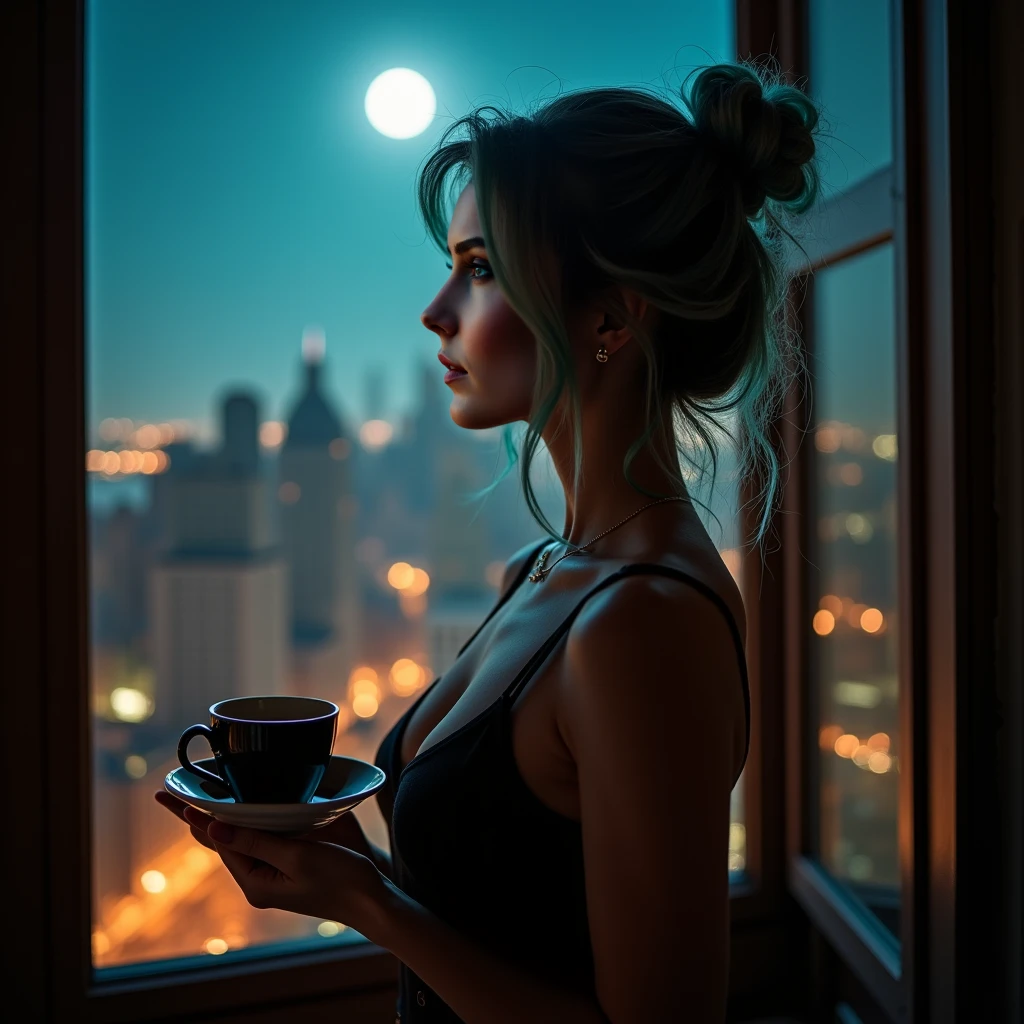 Wide shot , realistic high-quality photo of a gorgeous woman capturing her silhouette against the glowing moonlight and the cityscape, a serene and dreamy expression. (((She has turquoise color eyes))), (((she has silky Ombre blend of shimmering silver and celestial blue hair, styled in voluminous messy bun hairstyle with Loose Strands framing her face delicately))), hourglass figure, (Greek and Russian mix ethnicity), (((HH-Cup Colossal ))), (((Busty woman, gigantic natural round :1.9))), gigantic saggy , deep cleavage, hourglass figure, perfect body, , intricate details, (()), (photorealistic), beautiful lighting, best quality, realistic, full body portrait, real picture, depth of field, 1girl, Hot and  woman, Night scene, , Wet, Busty in  pose, Red lips, Fantasy setting, The photoshoot is taking place in the Park Lane New York in luxurious room with panoramic views of Central. The woman stands by the large window, holding a cup of tea, gazing out at the city skyline with a serene and dreamy expression. She is wearing a Lavender cotton nightdress for comfort and softness. Her hair is styled in voluminous messy bun hairstyle to convey a relaxed, contemplative mood. Full moon casting its light over Central Park, with the illuminated Manhattan skyline providing depth. Natural moonlight flooding the scene; warm interior light adds a soft glow, (Fit, Athletic, Tall), ((gigantic natural round )), (Highly detailed facial and skin texture), (Best quality, ultra detailed, Golden ratio, Masterpiece:1.2), (Theatrical lighting:0.7, Perfect rare face), (Highly detailed skin), skin texture, Pale skin, shiny skin, hyperdetailed photography, UHD, realistic skin texture, shot with Canon EOS 5D Mark IV and Canon EF 50mm f/1.4 USM lens, highly detailed, sfumato and chiaroscuro photography by AGSI / Artificial Ghost in the Shell Intelligence, Roger Deakins Cinematography, directed by Ridley Scott and Denis Villeneuve.
