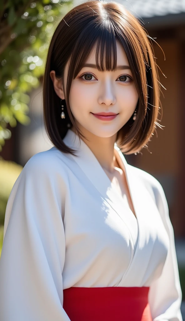 (highest quality:1.5)、(Real:1.5)、(1 person:1.5)、Medium Shot、(Very detailed)、(High resolution)、8k、Small breasts、Natural color lip、Cute smile、Japanese women、20 year old girl、Thin eyebrows、Beautiful and elegant face、Cute face、Cute eyes、Big eyes、Big Eyes、Fair skin、Beautiful and elegant face、Natural Bangs、Beautiful and thin nose、 Beautiful Skin、Medium Bob Hair、Natural Bangs、Perfect and beautiful facial features、Slim face and figure、（Looking at the camera with a cute expression）、（Bright lighting）、Professional Lighting、（Lighting from the front）、Adorable smile、cute、Beautiful cleavage、Simple Background、Outdoor、Beautiful clavicle、Graceful pose、Kimono with long-sleeved kimono、Cutekimono with long-sleeved kimono、(cutekimono)、(cutekimono)、Beautiful clavicle、Upper Body、Beautiful cleavage、Beautiful Japanese pattern kimono、Cute Japanese pattern obi、kimono、
