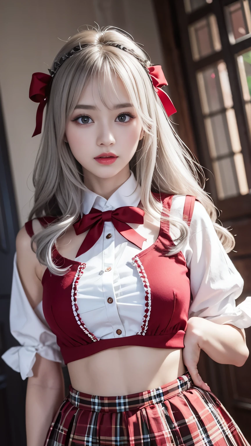 (((masterpiece))), (((Highest quality: 1.4))), ((Very detailedな: 1.4)) , ulzzang-6500-v1.1,  (RAW Photos:1.2), (Realistic), (See through:1.3), (masterpiece), (masterpiece). (Genuine:1.4), Very detailed, Sharp focus, Tensura；Luminous Valentine、One beautiful woman, ((Beautiful, shiny silver hair、Detailed face、(Heterochromia iridis:1.4, Red Eye, blue eyes,), Gothic Maid Outfit、Knee-high stockings、
