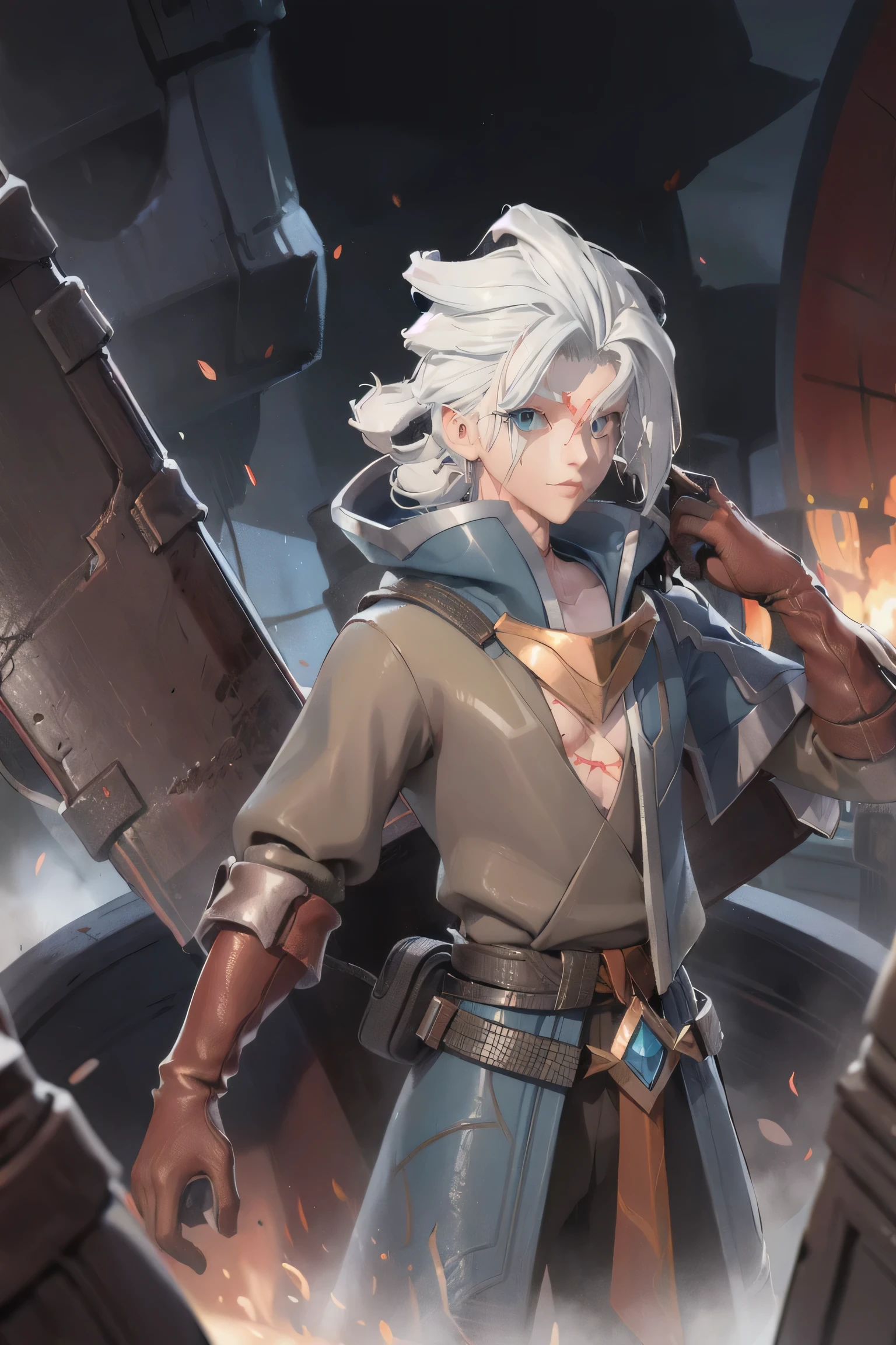 Allain_Default, 1boy, solo, short hair, grey hair, white hair, bangs, earrings, looking at viewer, male focus, blue eyes, closed mouth, scar, scar on face, collarbone, jacket, open clothes, gloves, brown gloves, belt, pants, brown pants, boots, brown footwear, sheath, sheathed
, outdoors, letterboxed, scenery, science fiction
, muscular, (Bulky:1.2), best quality, ultra high res, (photorealistic:1.4), masterpiece, real life skin, hyper real