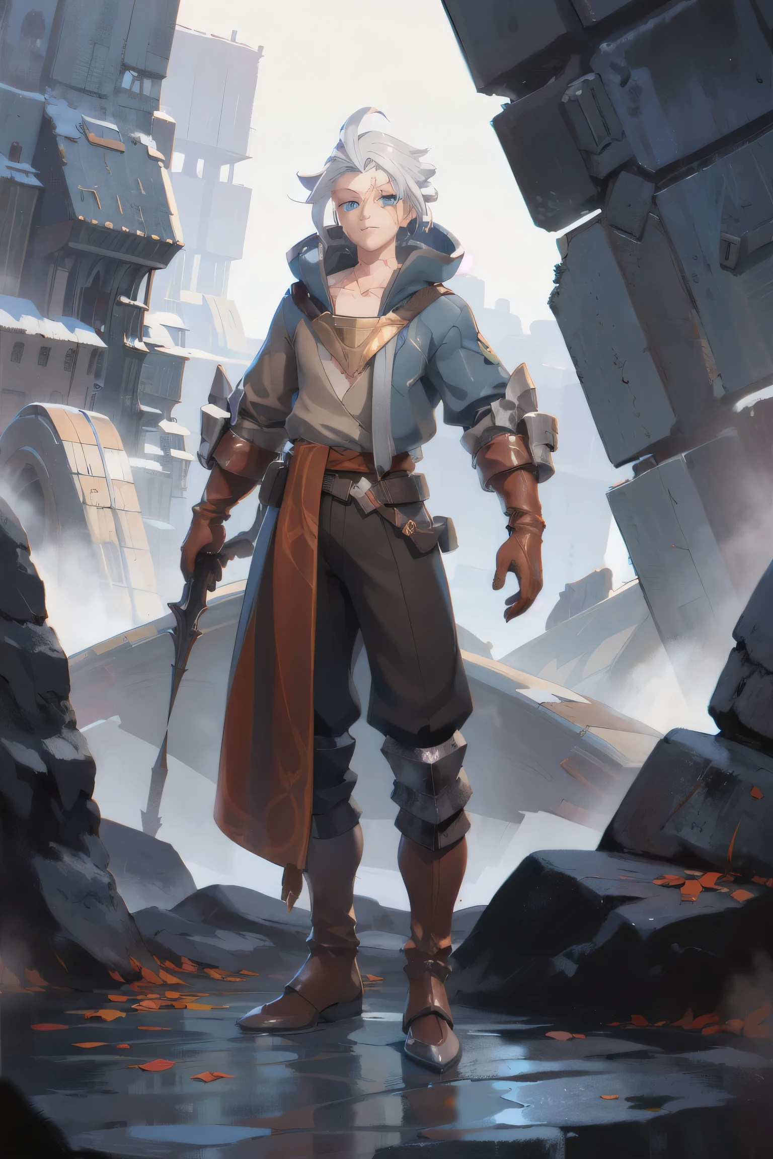 Allain_Default, 1boy, solo, short hair, grey hair, white hair, bangs, earrings, looking at viewer, male focus, blue eyes, closed mouth, scar, scar on face, collarbone, jacket, open clothes, gloves, brown gloves, belt, pants, brown pants, boots, brown footwear, sheath, sheathed
, outdoors, letterboxed, scenery, science fiction
, muscular, (Bulky:1.2), best quality, ultra high res, (photorealistic:1.4), masterpiece, real life skin, hyper real