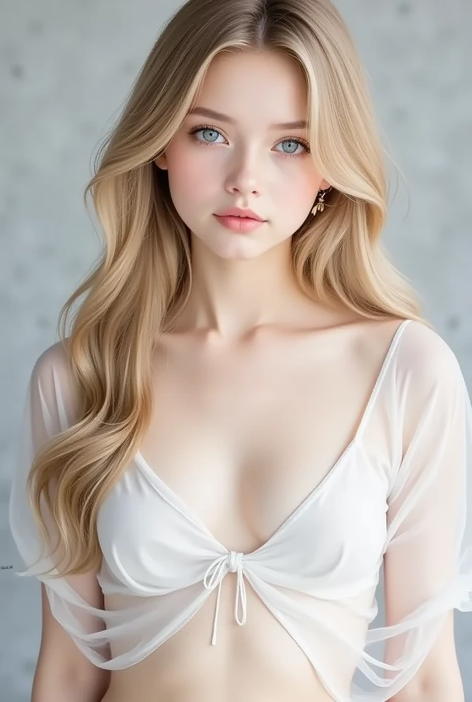 (((best quality, 8 thousand, masterpiece:1.4)), (20 year old woman), masterpiece, distinct, highres, high_quality, wide_shot, small_face, absurdly_short_hair, female, sagging_breasts, balancing, stretching, gentle_face, bare_shoulders, center_opening, downblouse, (blonde wavy very long hair), (Sitting alone in the deep snowy forest), (C-com saggy breasts), winter forest, winter:1.3, big eyes:1.3, 