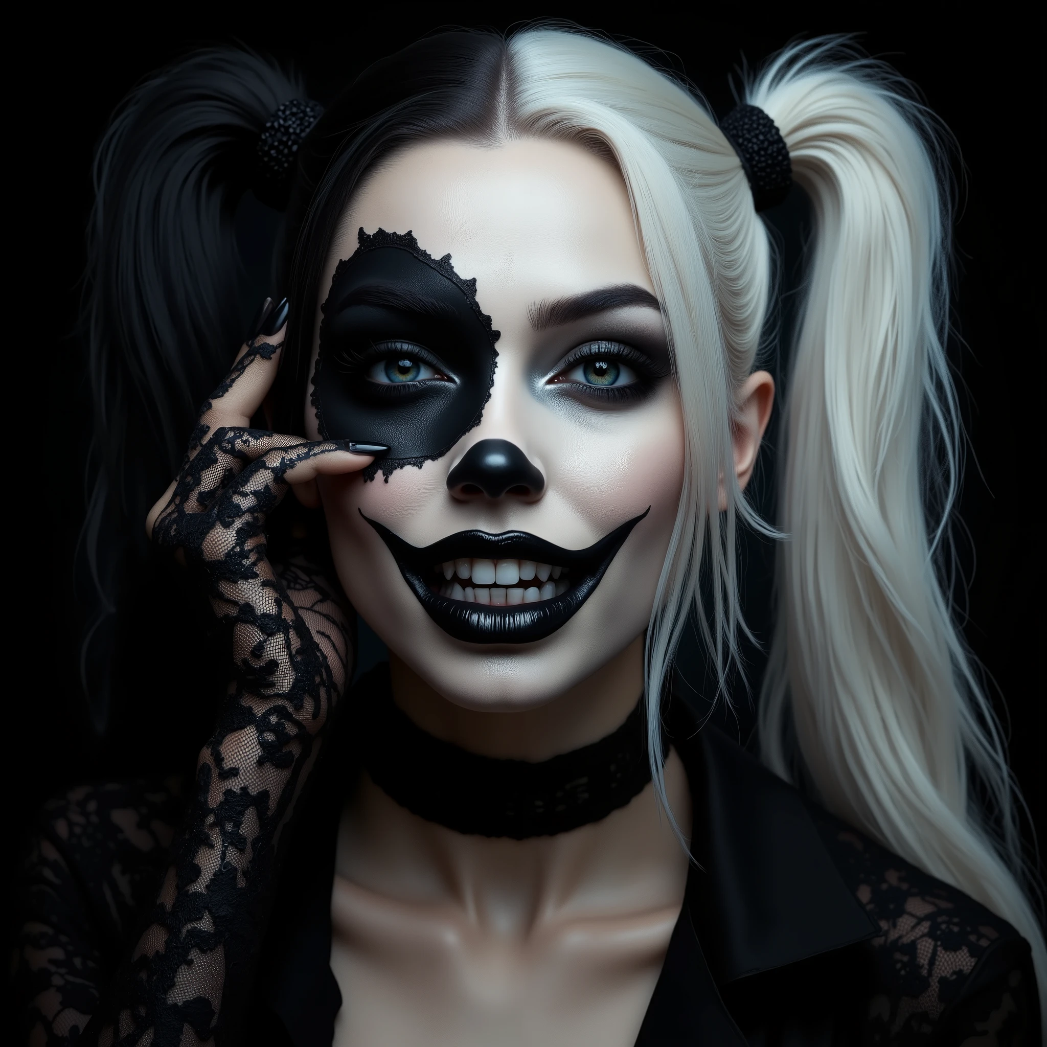 HWmakeup,  photoshoot, pornsmodel, (ultra detailed), (ultra realisitc), 25 years old, scary atmosphere, grey hair, perfect body proportion,(full body photoshoot)