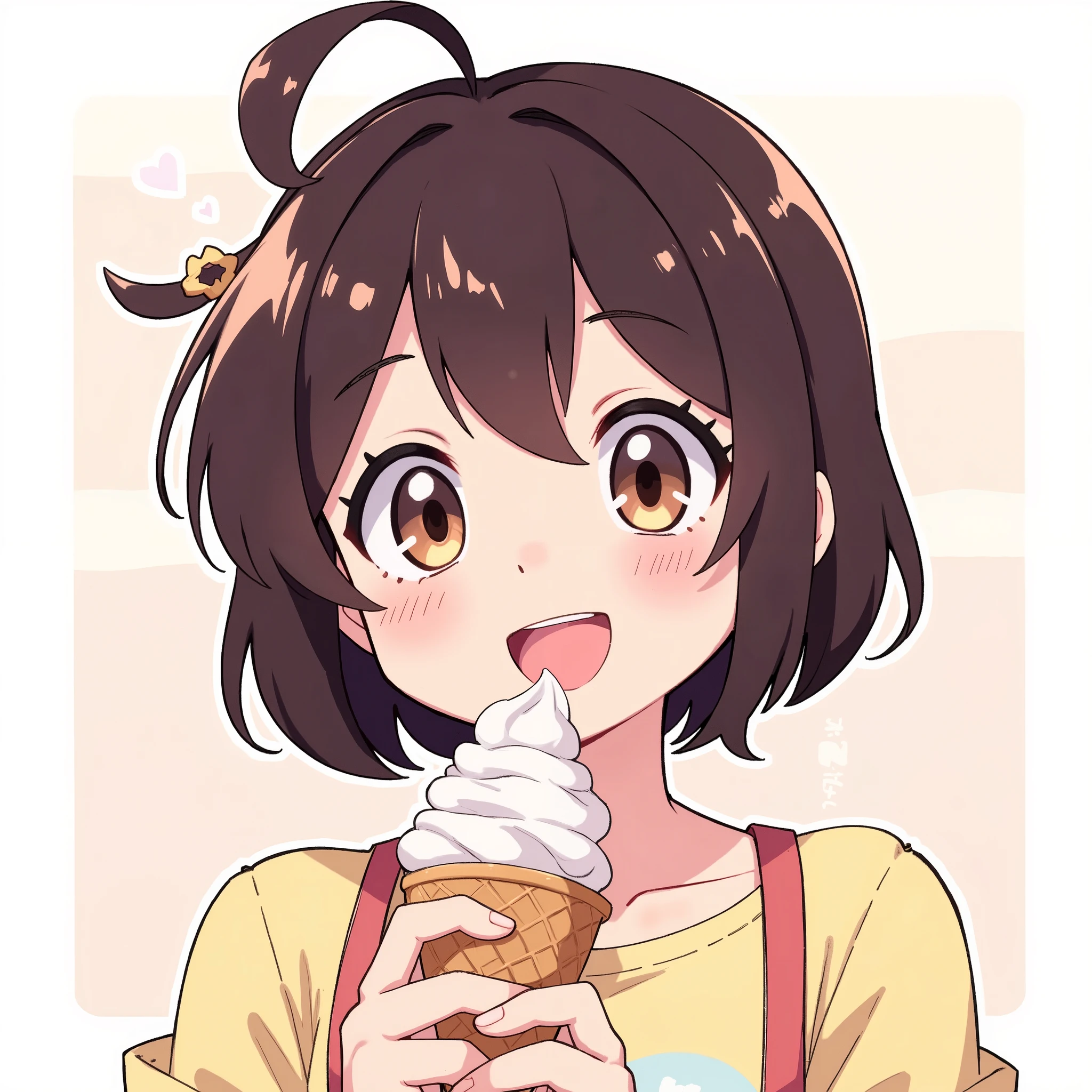 Girl eating ice cream、illustration、Anime Design、 clear lines 、Thick Line、
