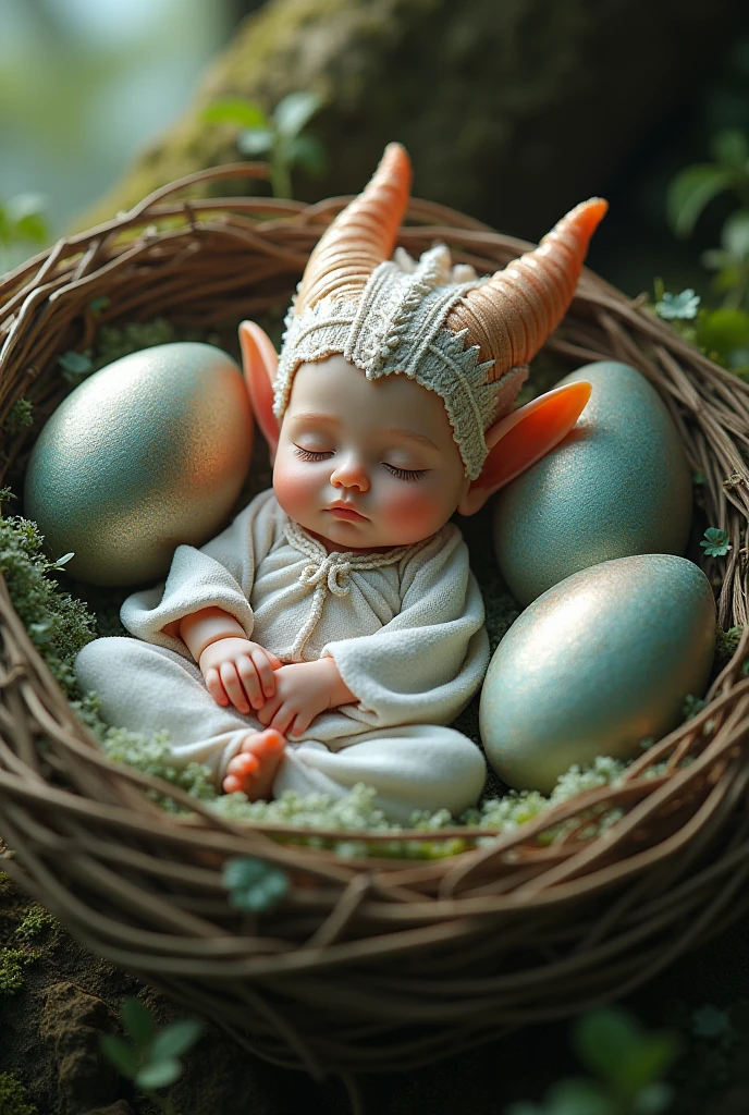 detailed art. masterpiece. New with very short blue hair. The baby has small black horns on its head.. The baby has whitin. Baby has slightly pointed fairy ears. The baby has a pair of wings that look like crow wings that are just forming on its back.. The wings have black feathers. The baby is asleep. Taby is dressed in faclothes. The baby is lying inside a ho log, surrounded by leaves. The environment where the baby is must be magical