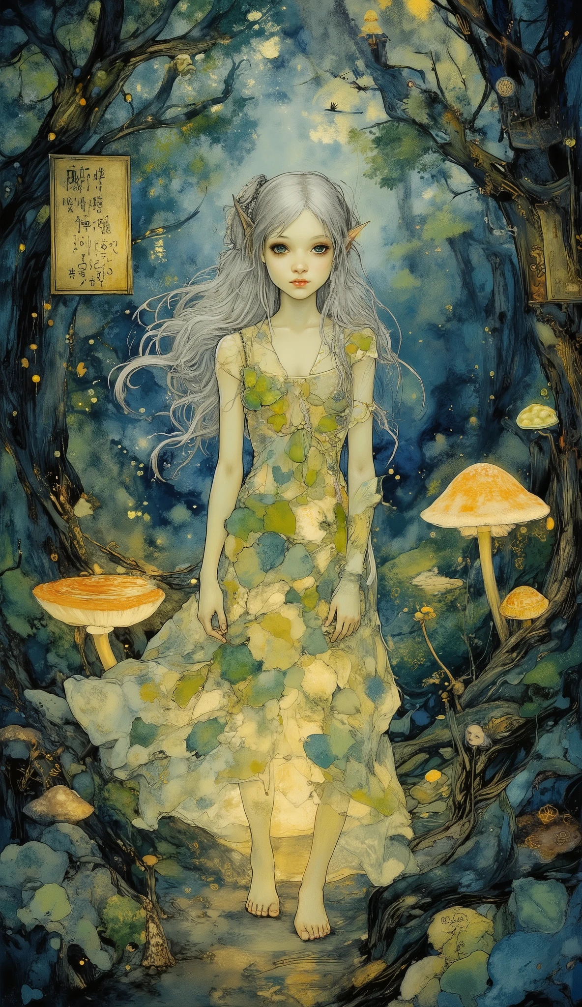 A stunning artistic painting of a mystical elf standing in an enchanted forest. The elf has long, flowing silver hair, piercing emerald eyes, and delicate pointed ears. Her attire is a shimmering, leaf-inspired dress that glows faintly with a magical aura. The background features ancient trees with glowing runes, bioluminescent mushrooms, and soft light filtering through the canopy, creating an ethereal atmosphere. The painting has a dreamlike, oil-on-canvas style with rich, vibrant colors and intricate details.