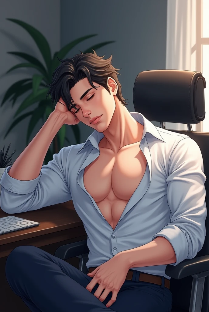1 guy in open shirt, in gaming chair, plays video games on computer. Room is dark. semi-realism, 1guy, masculine, toned male, nice hands, perfect hands. facing toward computer, nice hands, perfect hands, dark hair ((Strong men&#39;s:1.3)),((black hair:1.3)),(Shiny marble eyes:1.45),(NSFW:1.15),((very short hair:1.2)),(A lustrous, soft face:1.4),((blush、Mischievous Smile、Excited face:1.2)),((head down:1.3)),((hand to own mouth:1.5)),((Short sleeve:1.3)),(black、yellow、white、pink),((beautiful image:1.2)),((high Quality:1.2)),((perfect pixiv:1.2)),upper body