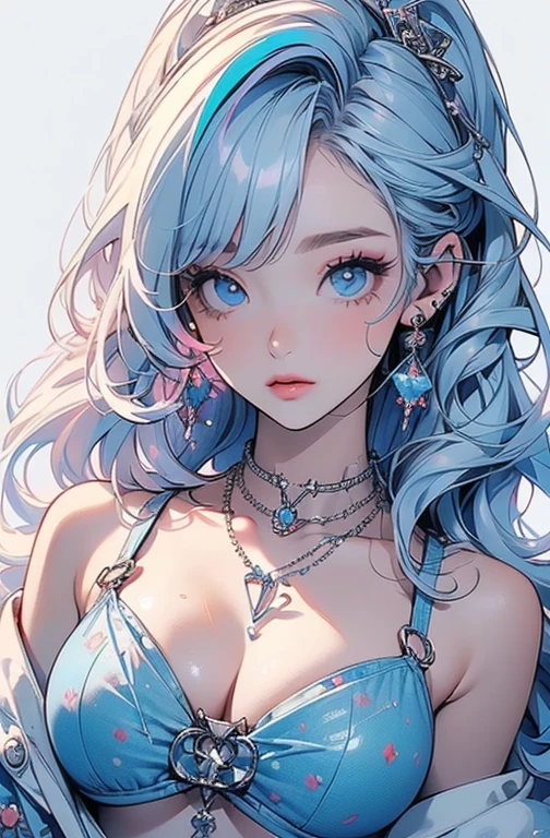 (masterpiece, best quality), beautiful woman, wavy hair, assymetrical bangs, intricate lace lingerie, perfect face, beautiful face, alluring, big gorgeous eyes, huge breasts, soft smile, perfect slim fit body, beachside, luxury bedroom, bright colors, (risograph)