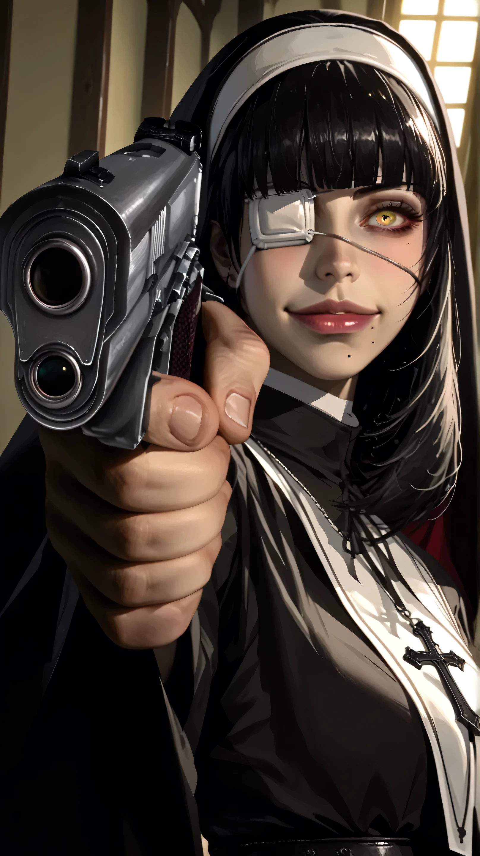 (front view,portrait),fashion photography portrait of 1girl, award winning photograph, photorealistic,beautiful detailed eyes,realistic skin,Highest Image Quality,best quality ,Ultra-high definition,mafia ,tattoo,((Pointing the gun at view:1.5)),and targets viewers with a handgun in her right hand, holding weapon, handgun, holding gun, aiming at viewer, revolver, finger on trigger,wide angle front view {x}, nun wearing a nun costume,cross arning ,Thick black lips,depression,woman,black hair,red cheeks,black gothic lips,long straight hair ,Bob,hime cut,whole body,high heels goth, Her Hair Is Fluttering in the Wind,point the gun ,midari ikishima, short hair, black hair, hairband, mole, ((black eyepatch)), mole under mouth, evil smile, yellow eyes,dramatic lighting