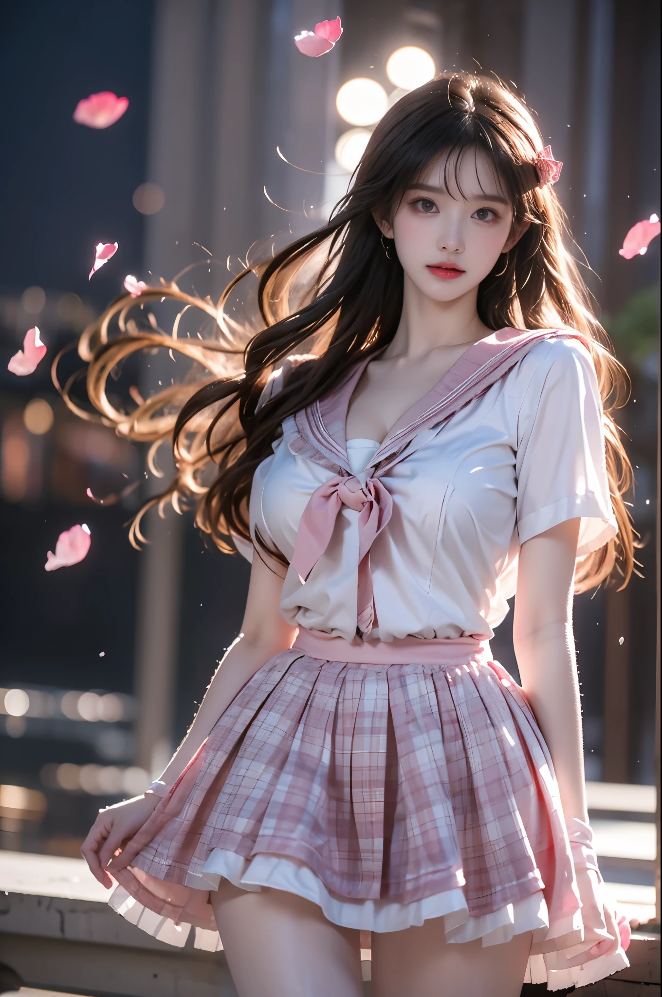 idol costume, cyb skirt, cyb shirt, plaid skirt, idol, wrist cuffs, bow, sailor collar, frilled skirt, frills ,,(photorealistic:1.2), (from below:1.2), beautiful asian woman, (Full bust, visible cleavage, very short hemline), (Beautiful romantic style), fashion model, long slender legs, standing in reflective pool, knee-deep water, elegant dance pose, lifting dress to thigh level, moonlit night scene, scattered rose petals in water, floating rose petals in air, soft moonlight illumination, volumetric lighting, cinematic lighting, high detail skin texture, wet fabric effect, shallow depth of field, soft bokeh, 8k uhd, masterpiece quality