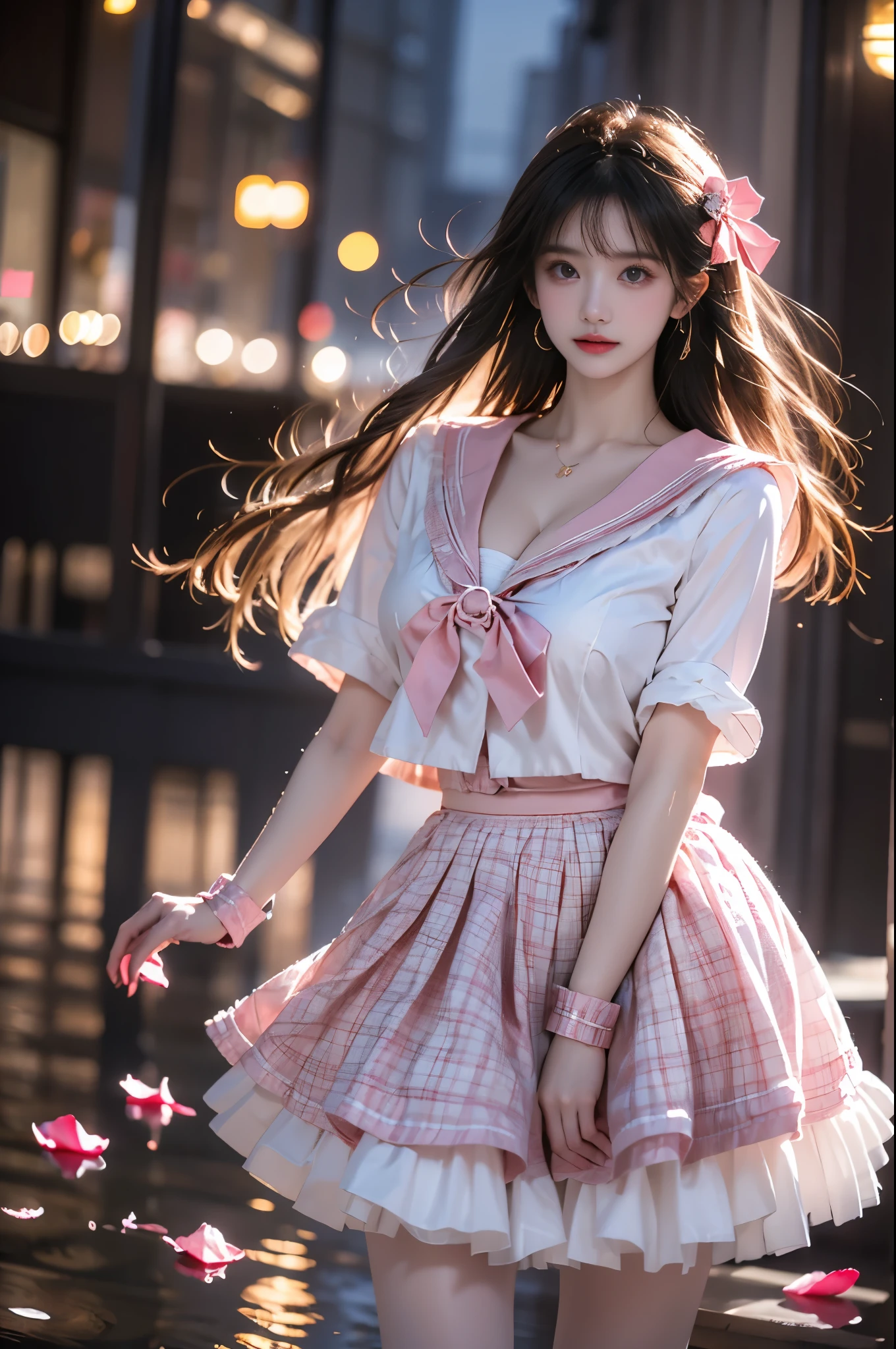 idol costume, cyb skirt, cyb shirt, plaid skirt, idol, wrist cuffs, bow, sailor collar, frilled skirt, frills ,,(photorealistic:1.2), (from below:1.2), beautiful asian woman, (Full bust, visible cleavage, very short hemline), (Beautiful romantic style), fashion model, long slender legs, standing in reflective pool, knee-deep water, elegant dance pose, lifting dress to thigh level, moonlit night scene, scattered rose petals in water, floating rose petals in air, soft moonlight illumination, volumetric lighting, cinematic lighting, high detail skin texture, wet fabric effect, shallow depth of field, soft bokeh, 8k uhd, masterpiece quality